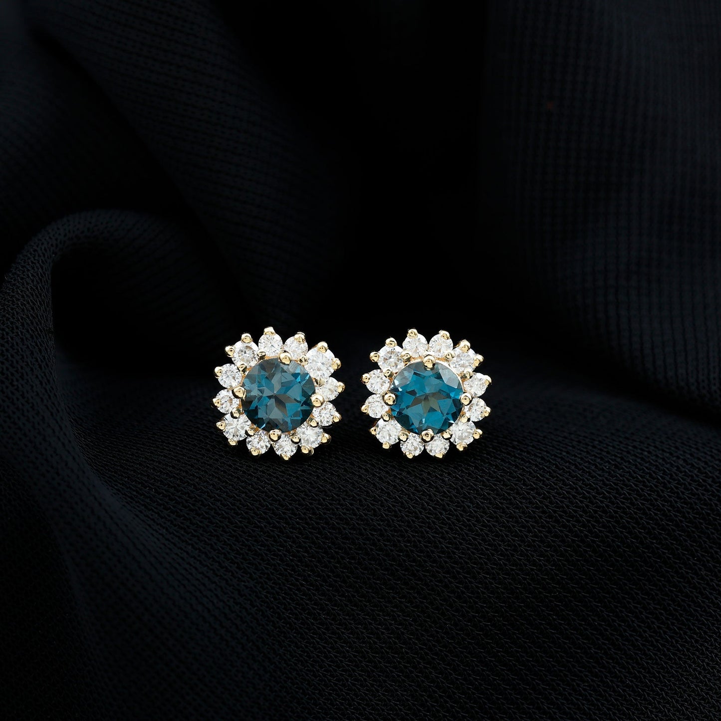 Real London Blue Topaz and Diamond Halo Stud Earrings