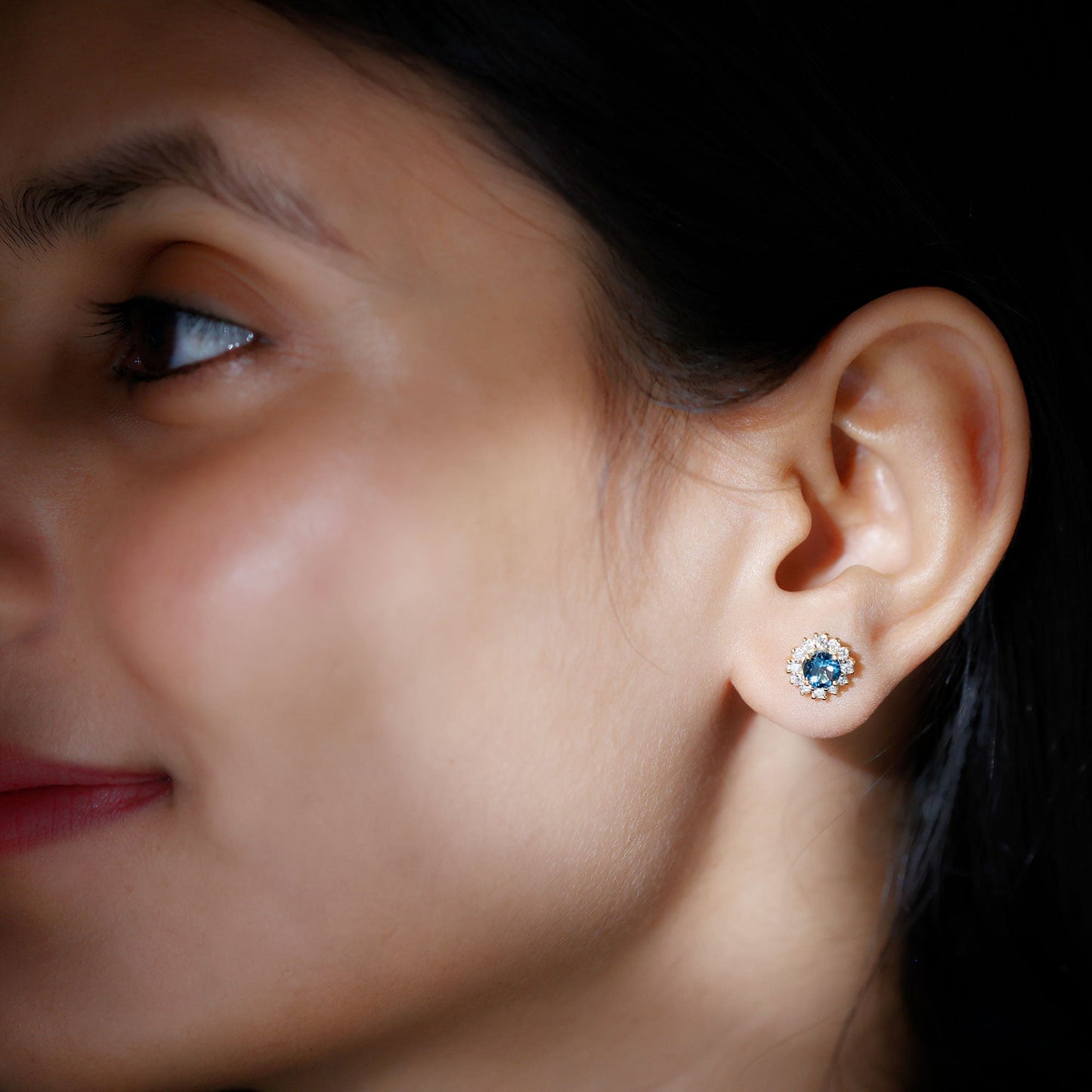Real London Blue Topaz and Diamond Halo Stud Earrings