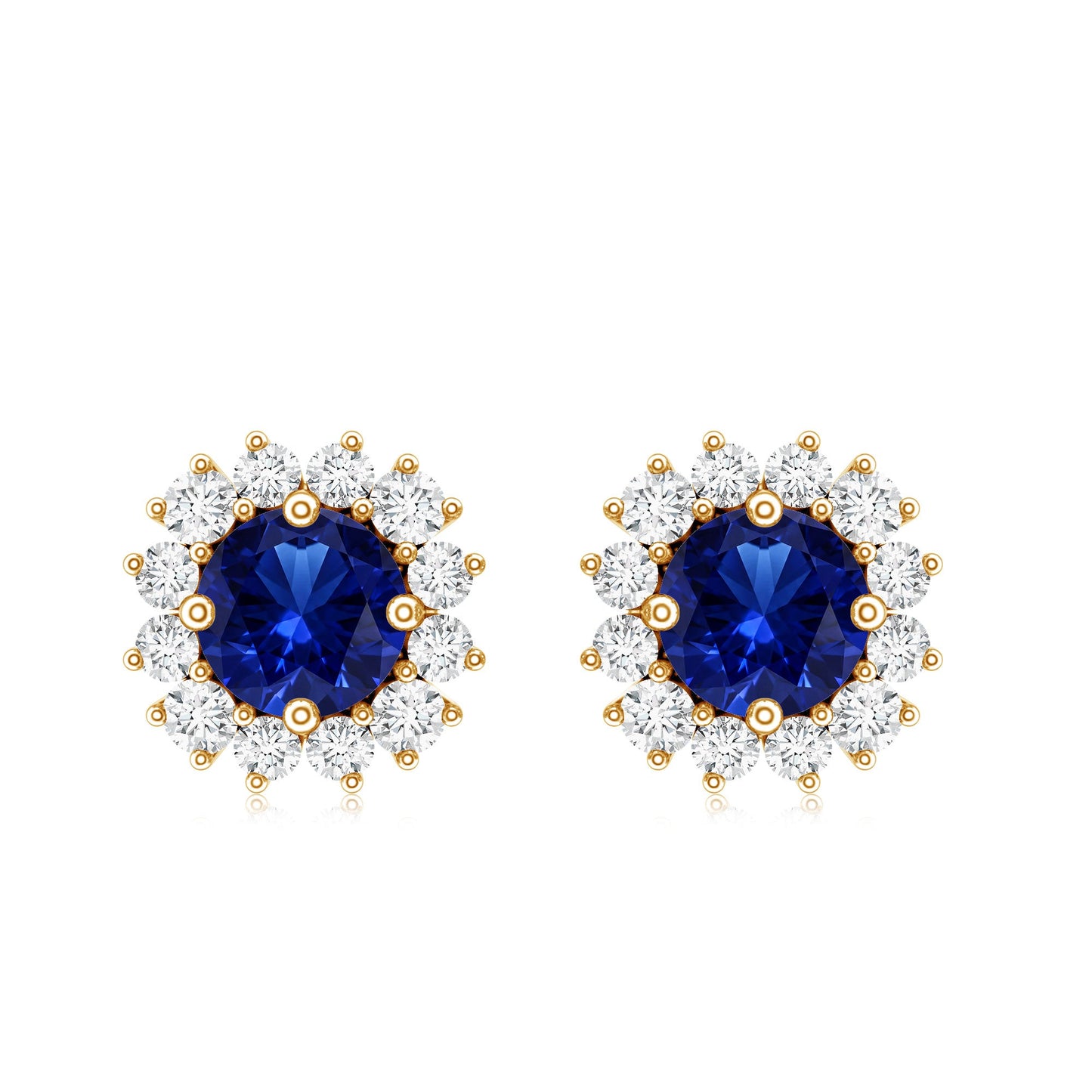 Brilliant Cut Lab Created Blue Sapphire Stud Earrings with Diamond Halo