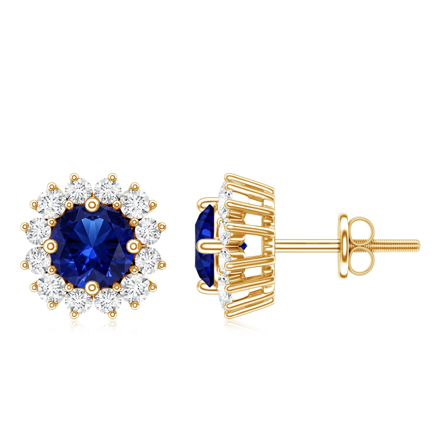 Brilliant Cut Lab Created Blue Sapphire Stud Earrings with Diamond Halo