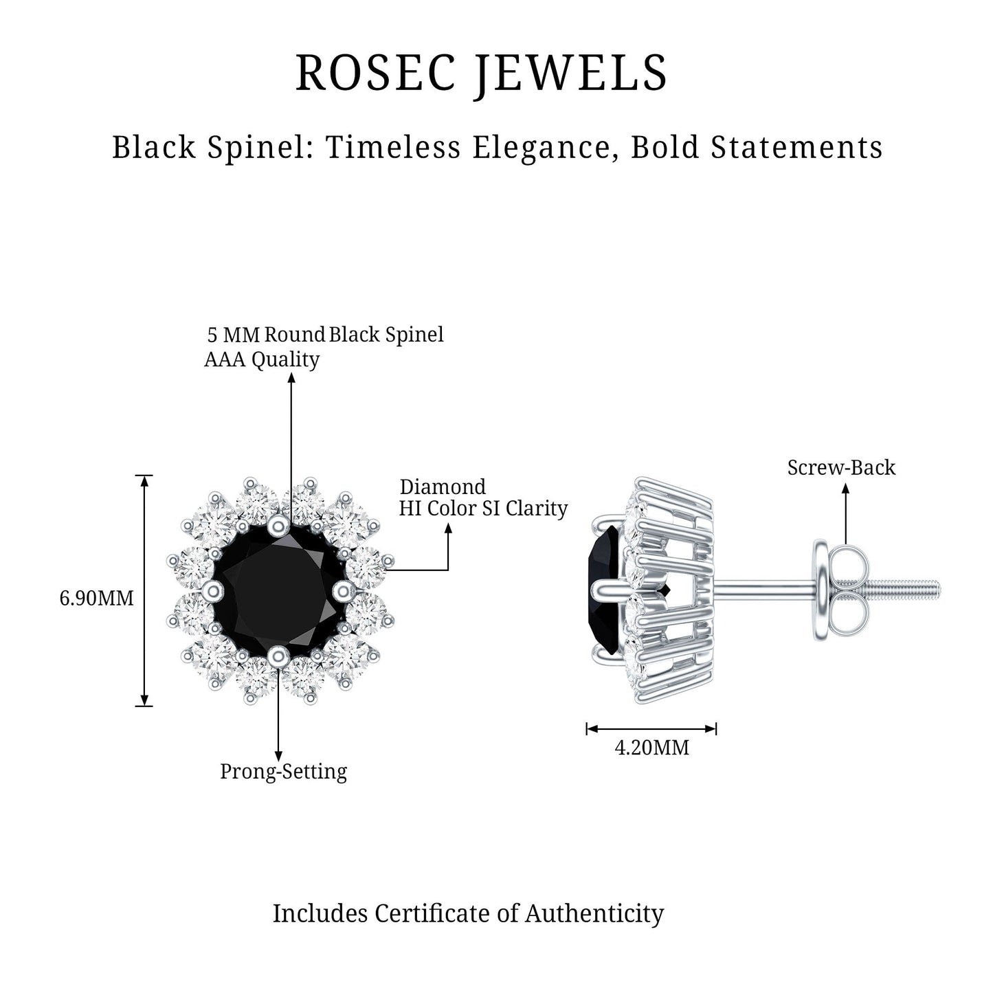 Natural Black Spinel Diamond Stud Earrings with Screw Back
