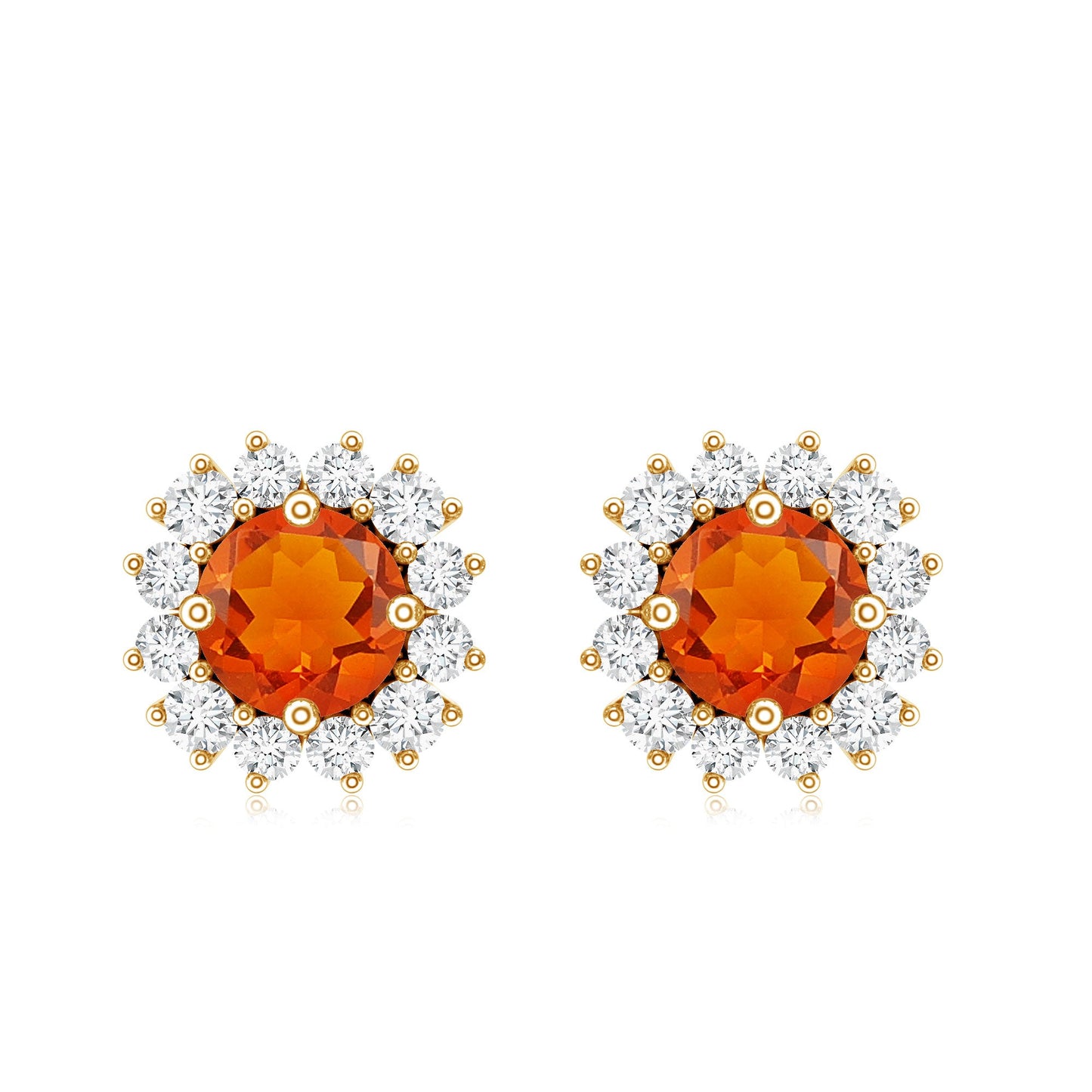 Natural Fire Opal Stud Earrings with Diamond Halo