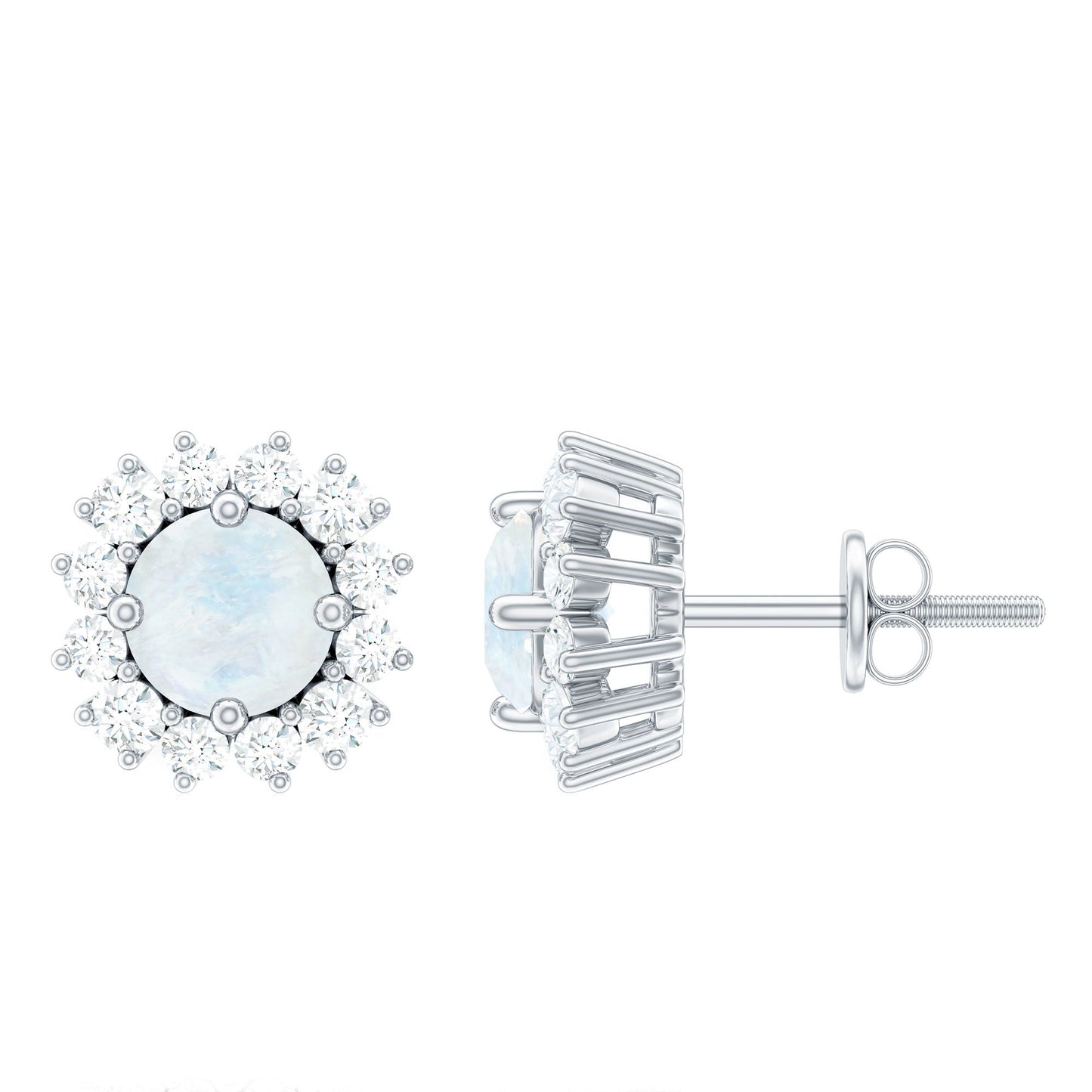 Genuine 0.7 Carat Moonstone Stud Earrings with Diamond Halo