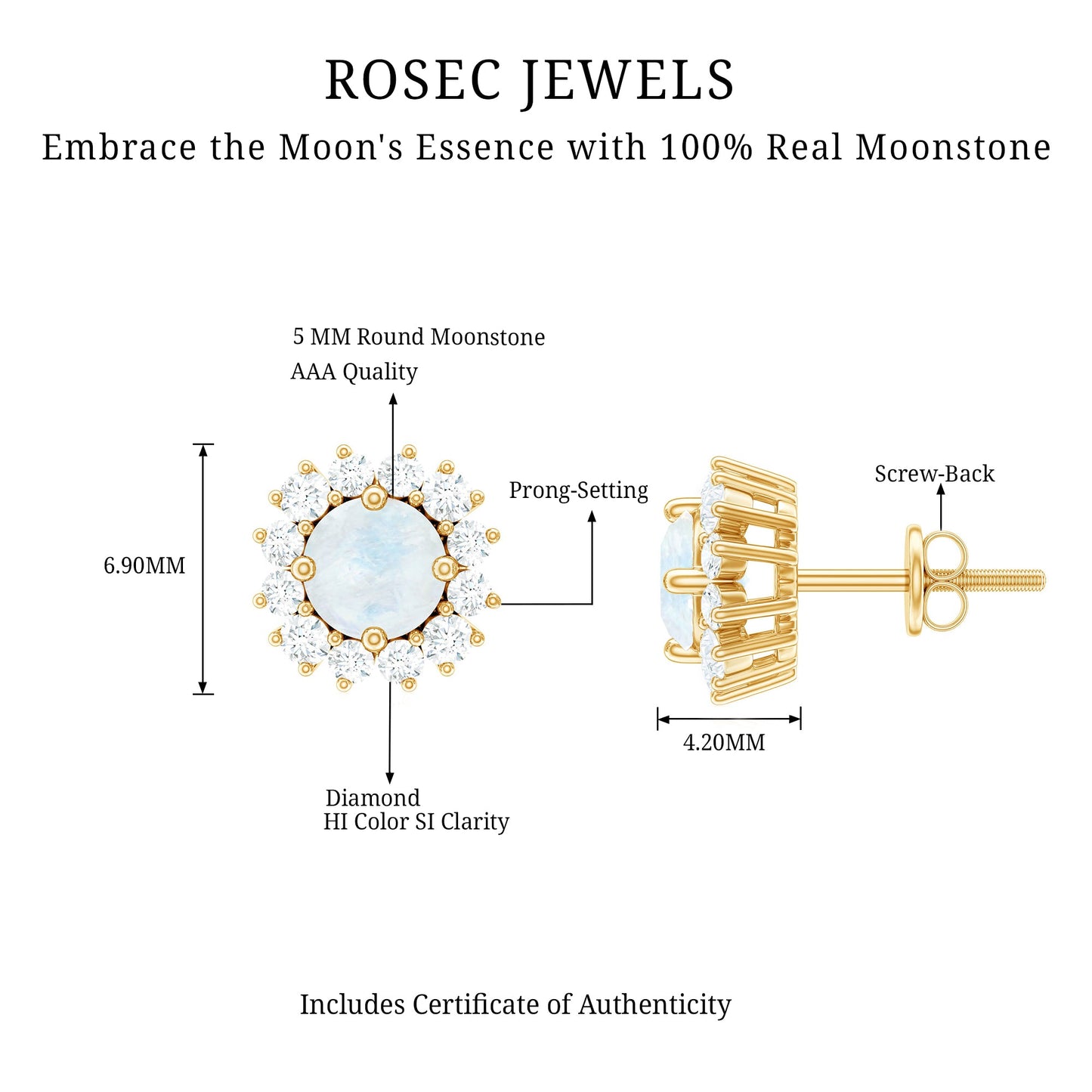 Genuine 0.7 Carat Moonstone Stud Earrings with Diamond Halo
