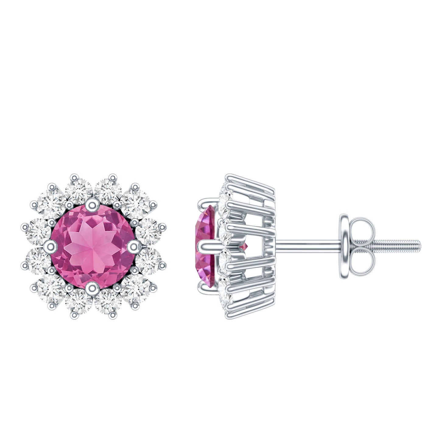 Genuine Pink Tourmaline and Diamond Halo Stud Earrings
