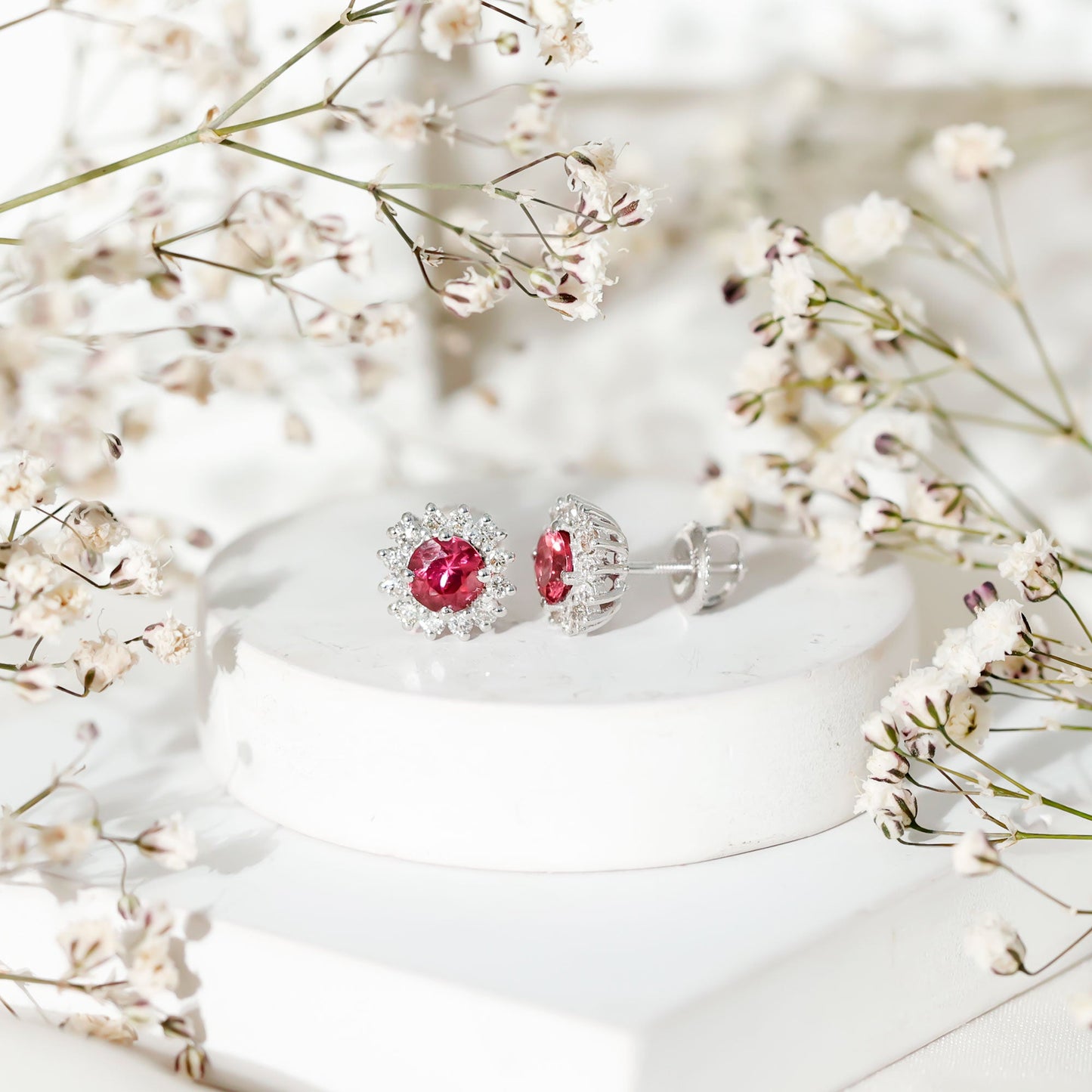 Genuine Pink Tourmaline and Diamond Halo Stud Earrings