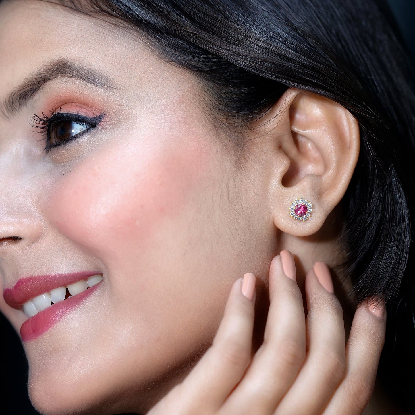 Genuine Pink Tourmaline and Diamond Halo Stud Earrings