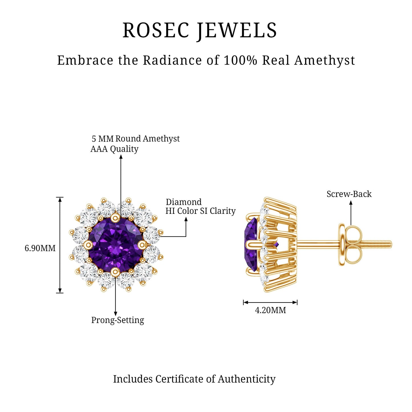 Classic Amethyst Stud Earrings with Diamond Halo