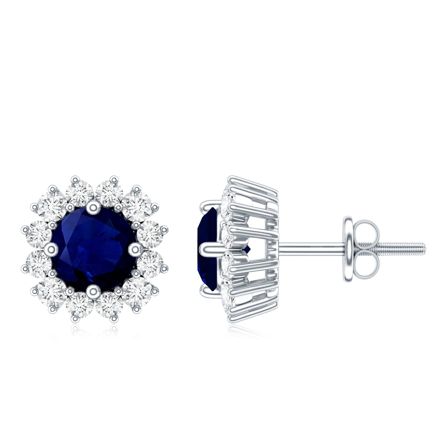Genuine Blue Sapphire Diamond Earrings with Screw Back