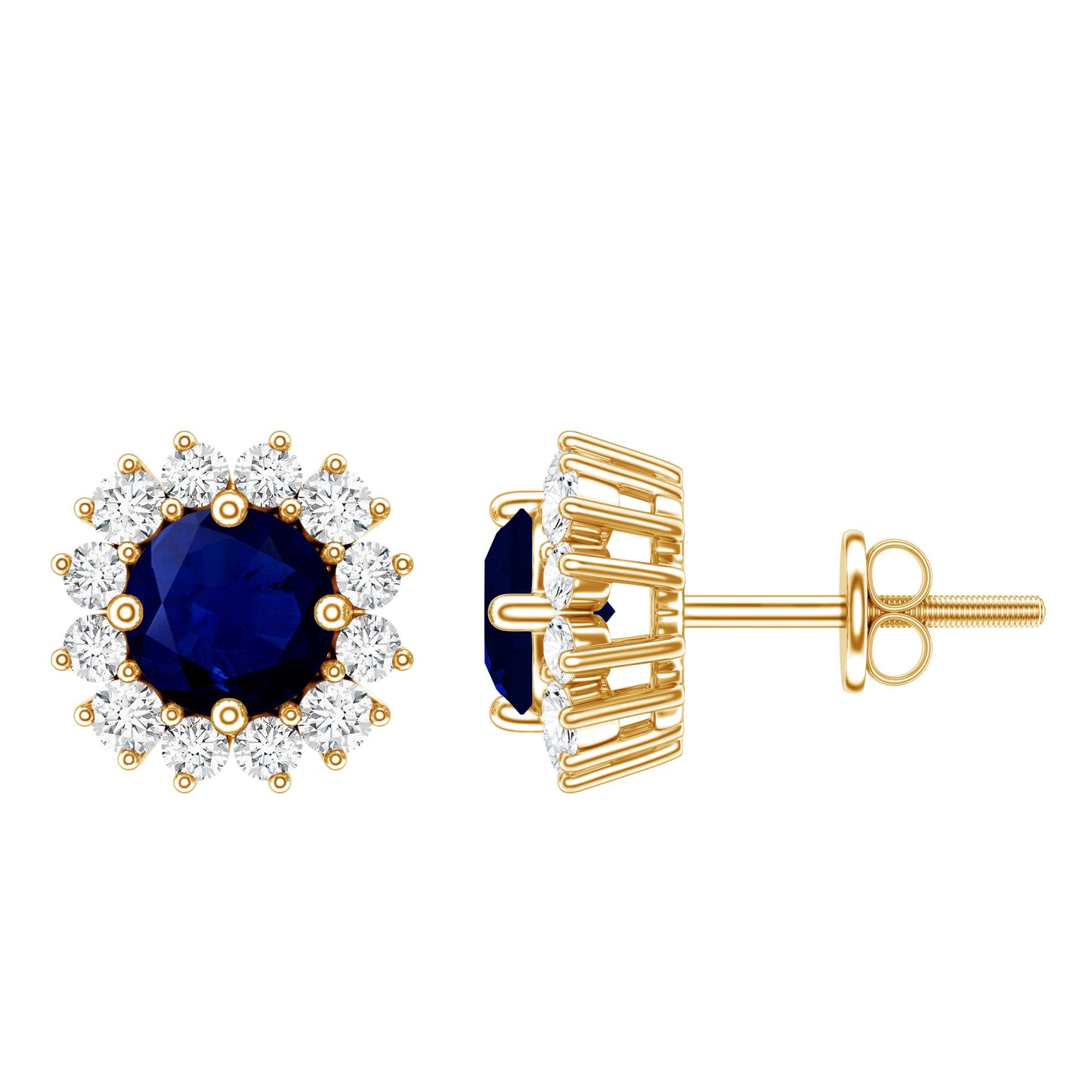 Genuine Blue Sapphire Diamond Earrings with Screw Back