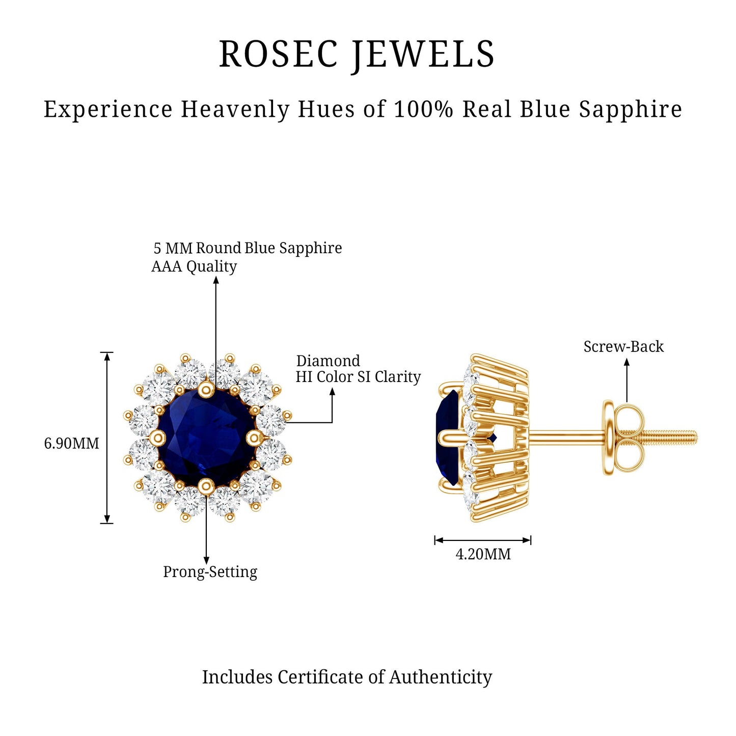 Genuine Blue Sapphire Diamond Earrings with Screw Back