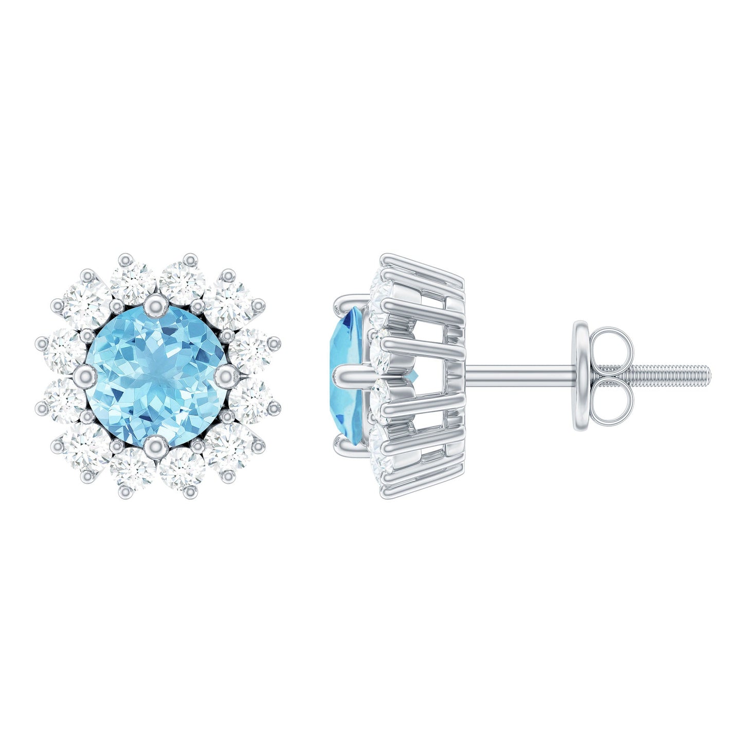Certified Aquamarine and Diamond Halo Stud Earrings