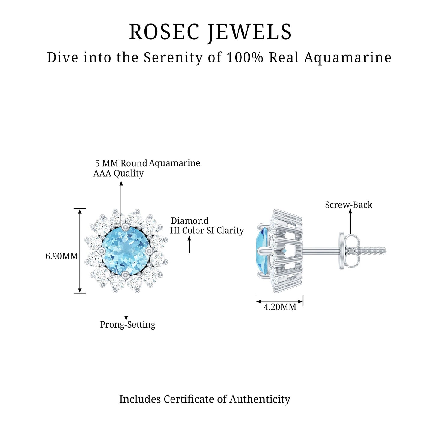 Certified Aquamarine and Diamond Halo Stud Earrings