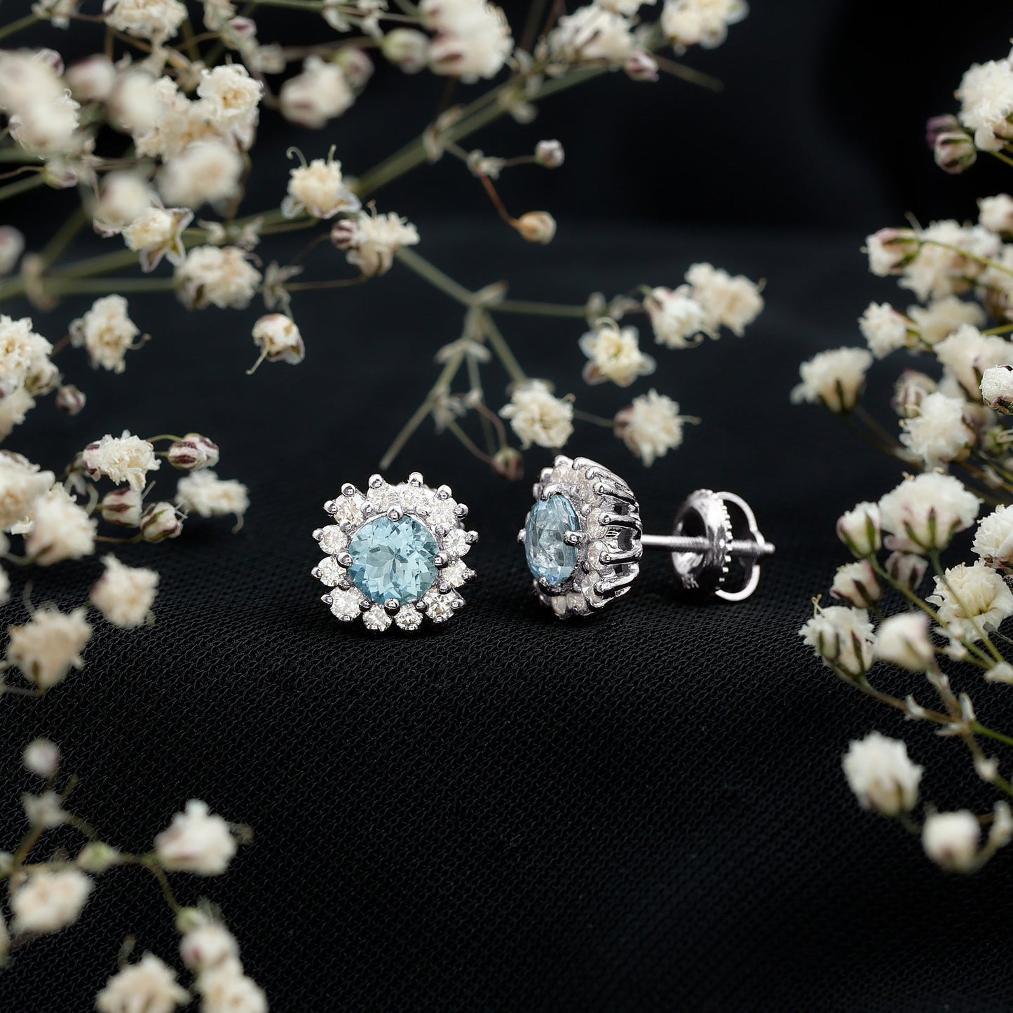 Certified Aquamarine and Diamond Halo Stud Earrings