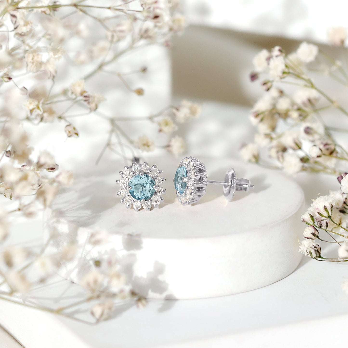 Certified Aquamarine and Diamond Halo Stud Earrings