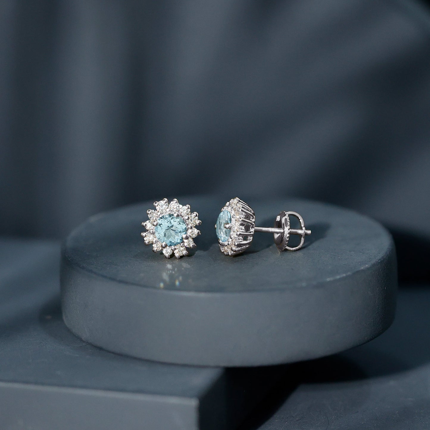 Certified Aquamarine and Diamond Halo Stud Earrings