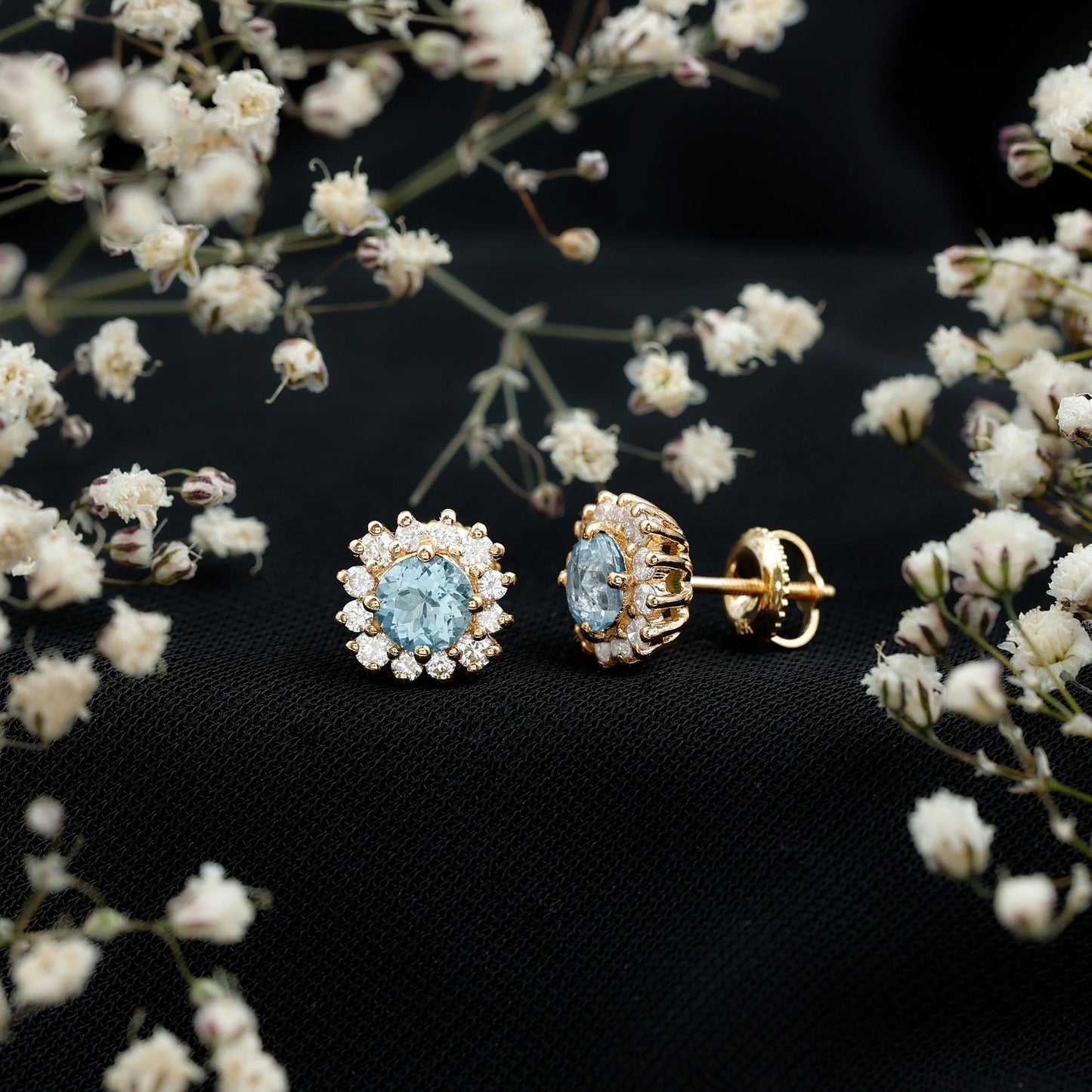 Certified Aquamarine and Diamond Halo Stud Earrings
