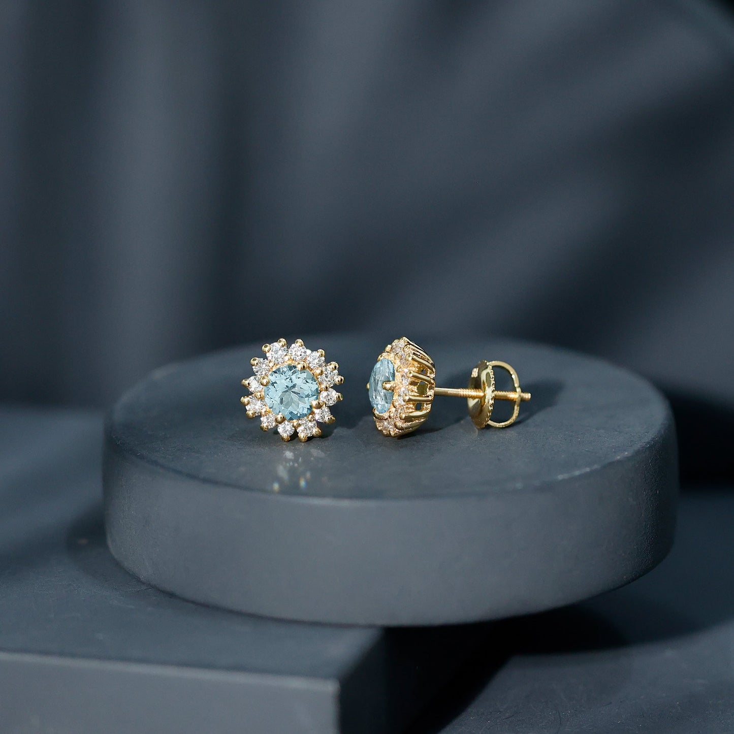 Certified Aquamarine and Diamond Halo Stud Earrings