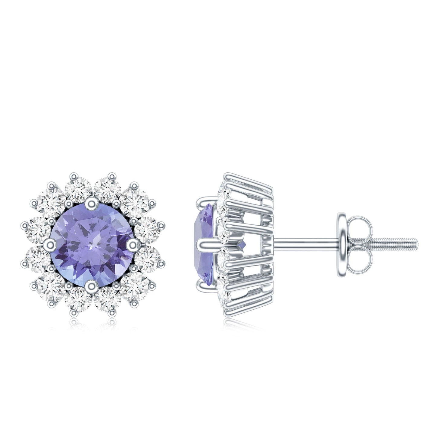 Natural 1 Carat Tanzanite Stud Earrings with Diamond Halo