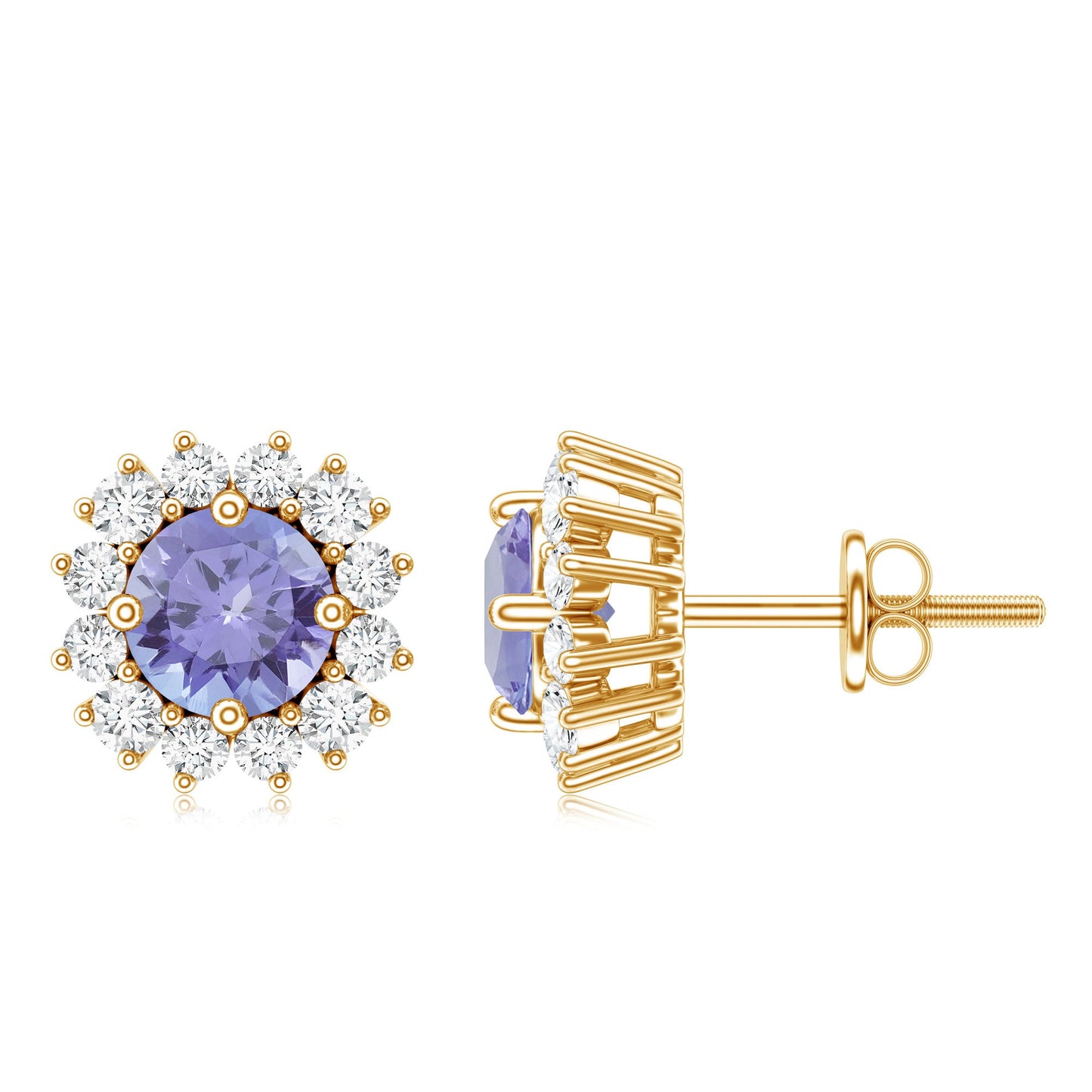 Natural 1 Carat Tanzanite Stud Earrings with Diamond Halo