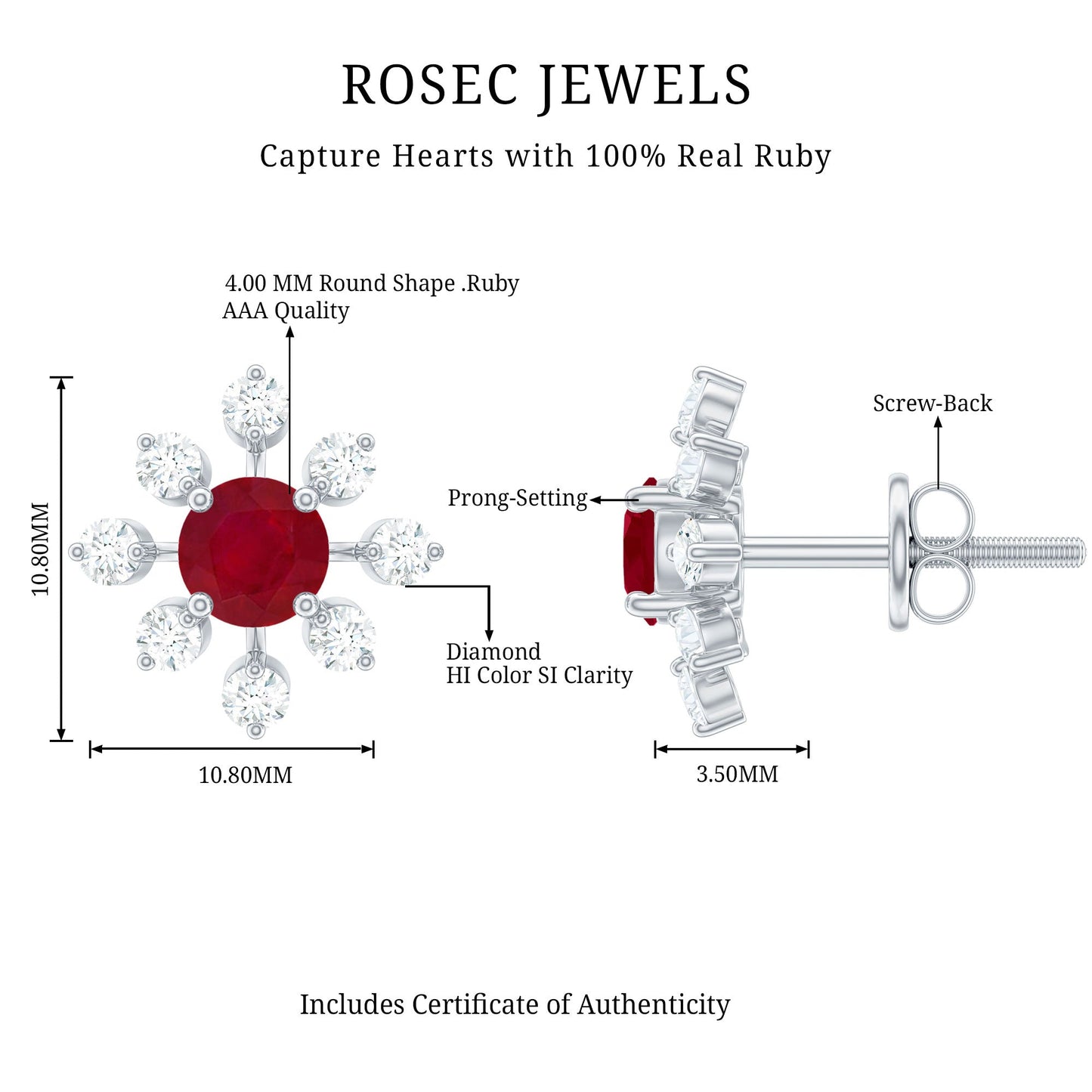 Natural Ruby Flower Stud Earrings with Diamond for Women