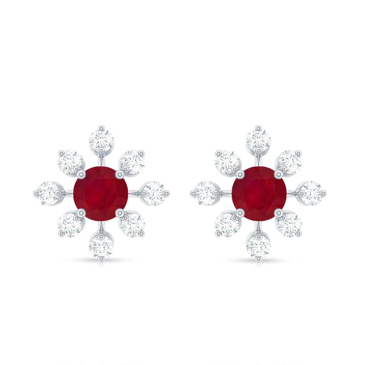 Natural Ruby Flower Stud Earrings with Diamond for Women