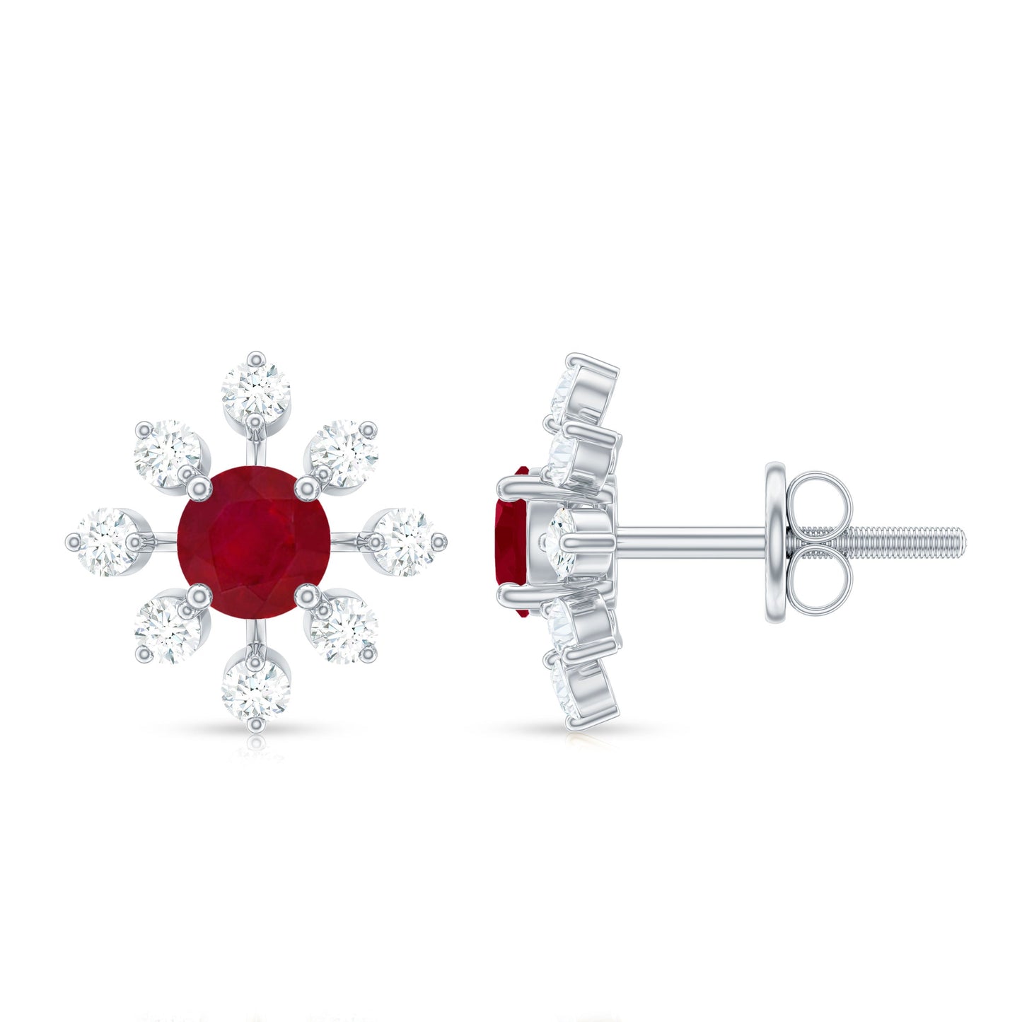 Natural Ruby Flower Stud Earrings with Diamond for Women