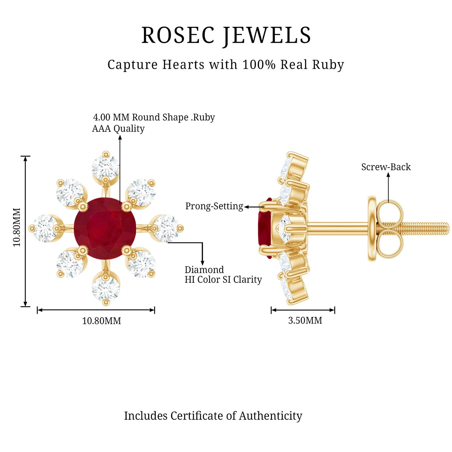 Natural Ruby Flower Stud Earrings with Diamond for Women