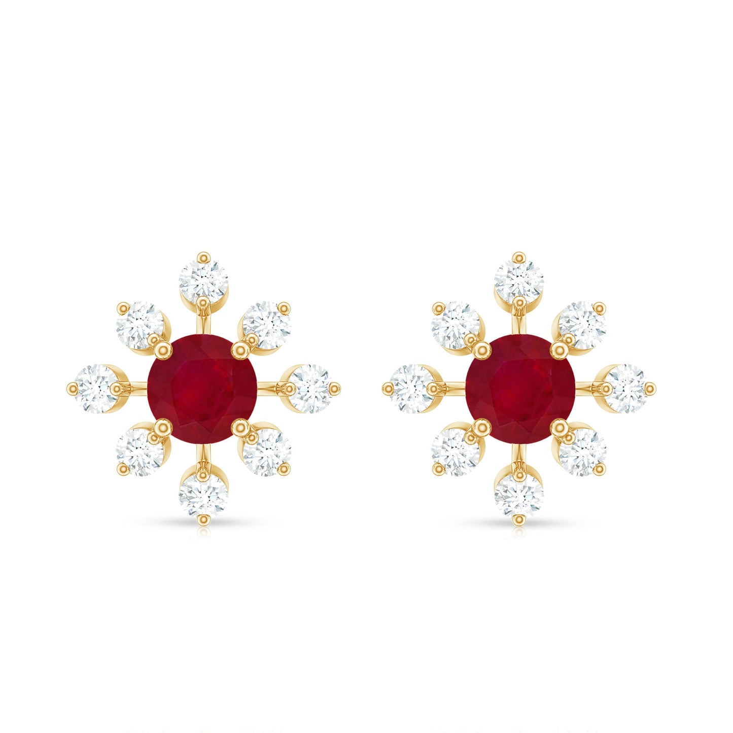 Natural Ruby Flower Stud Earrings with Diamond for Women
