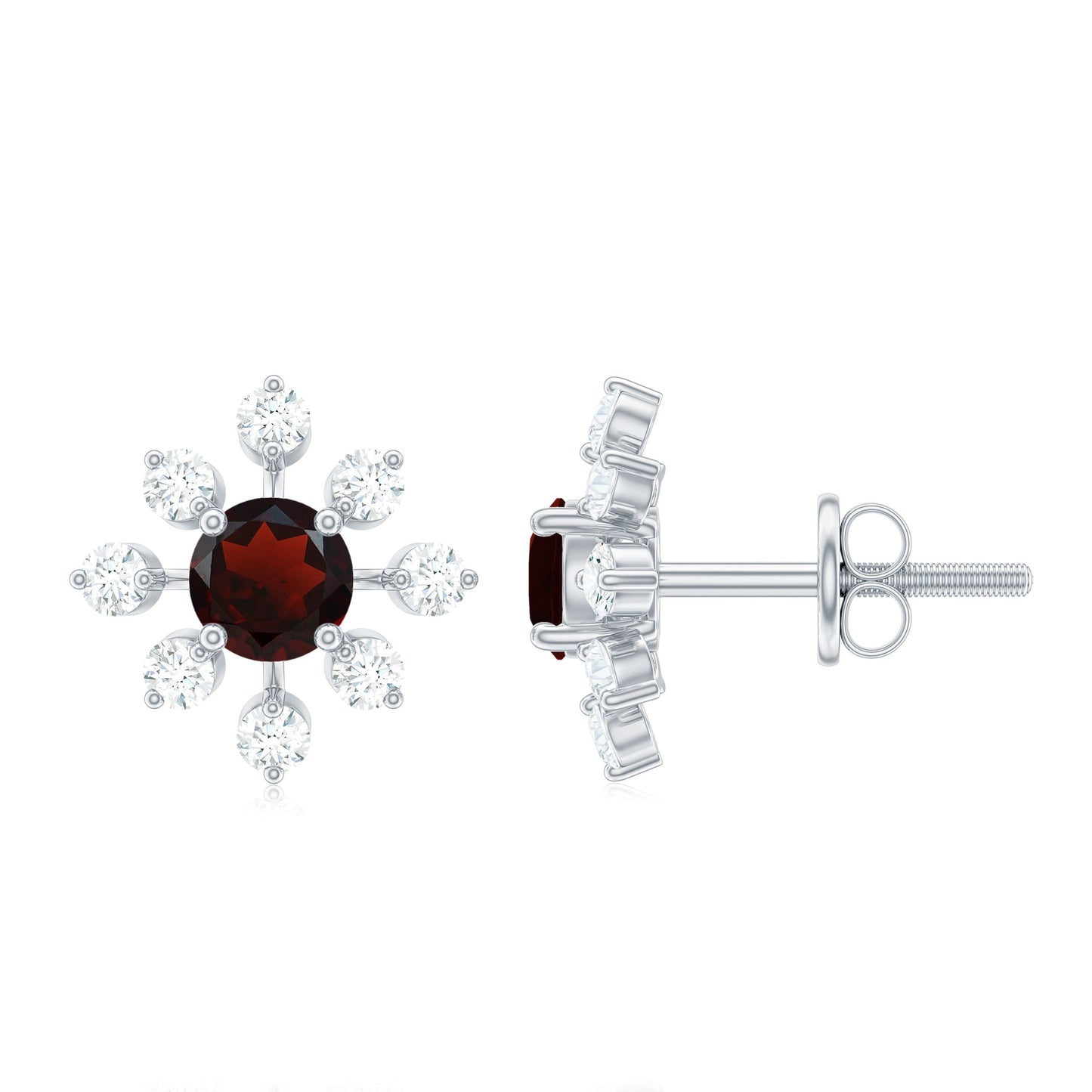 Natural Garnet and Diamond Flower Stud Earrings