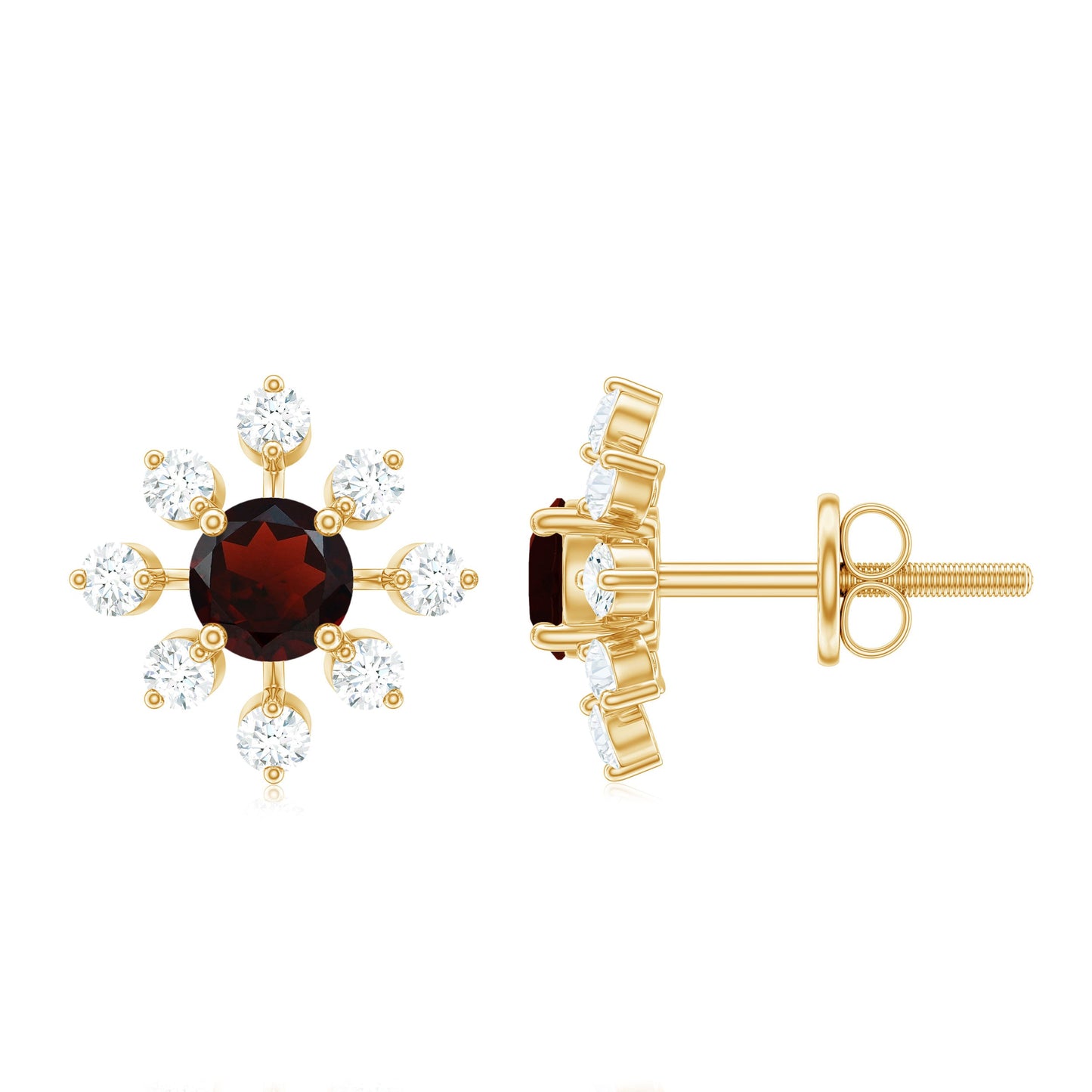 Natural Garnet and Diamond Flower Stud Earrings