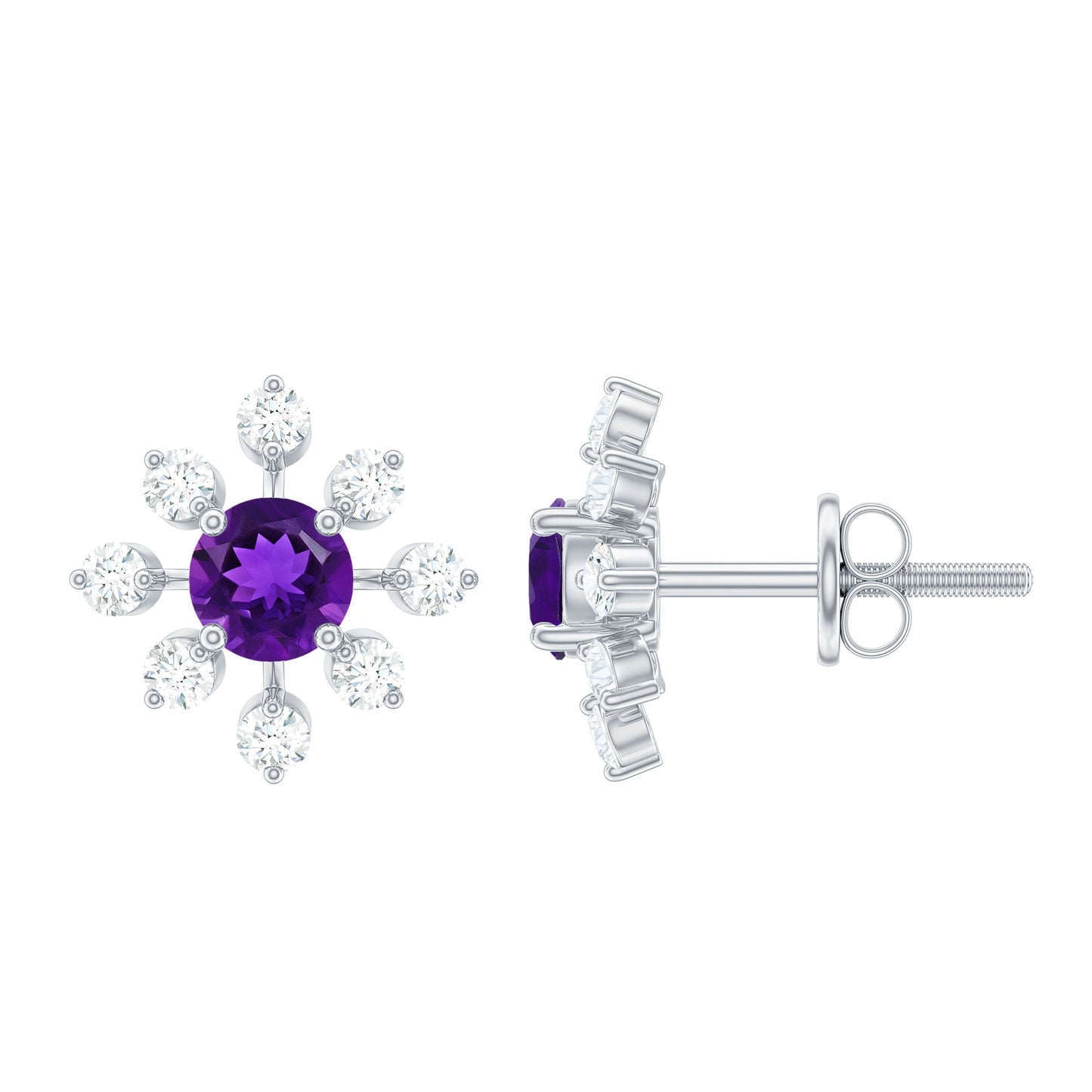 Natural Amethyst Diamond Snowflake Earrings with Screw Back