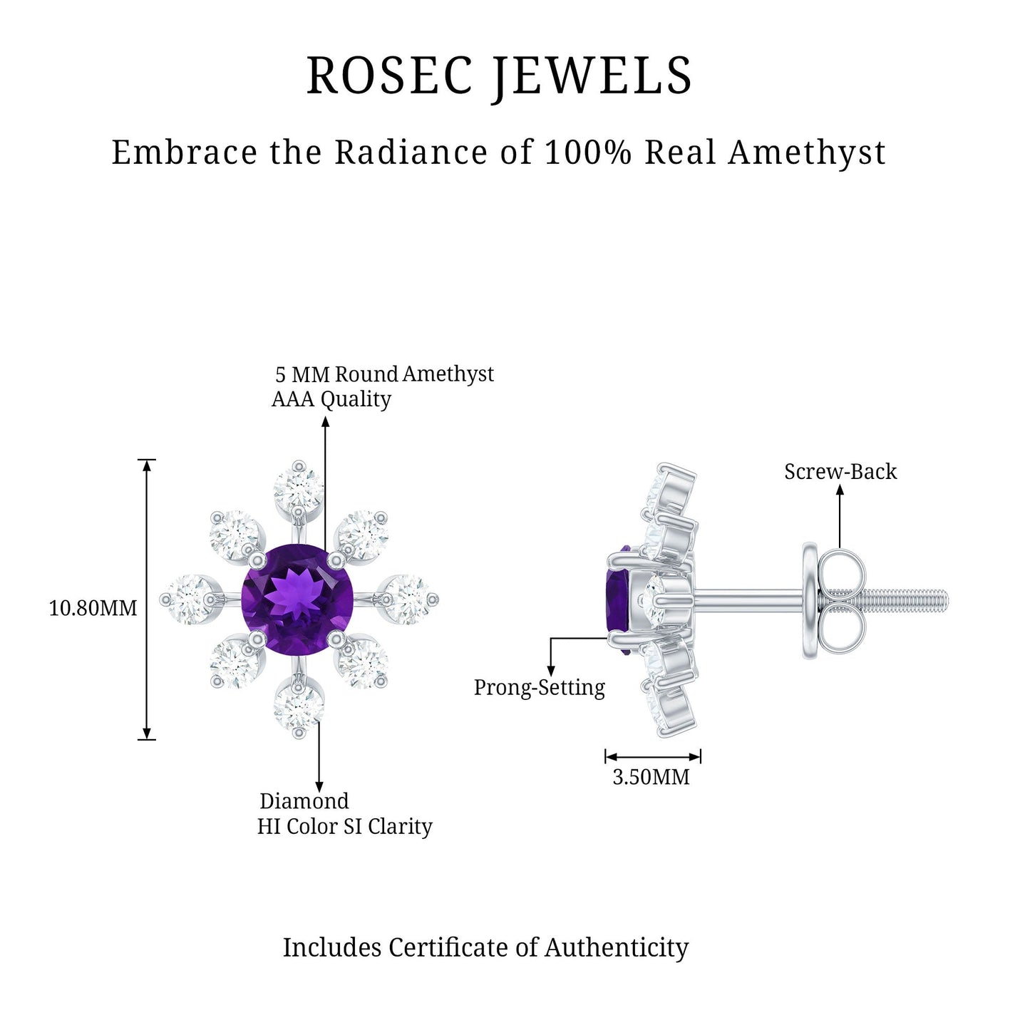 Natural Amethyst Diamond Snowflake Earrings with Screw Back