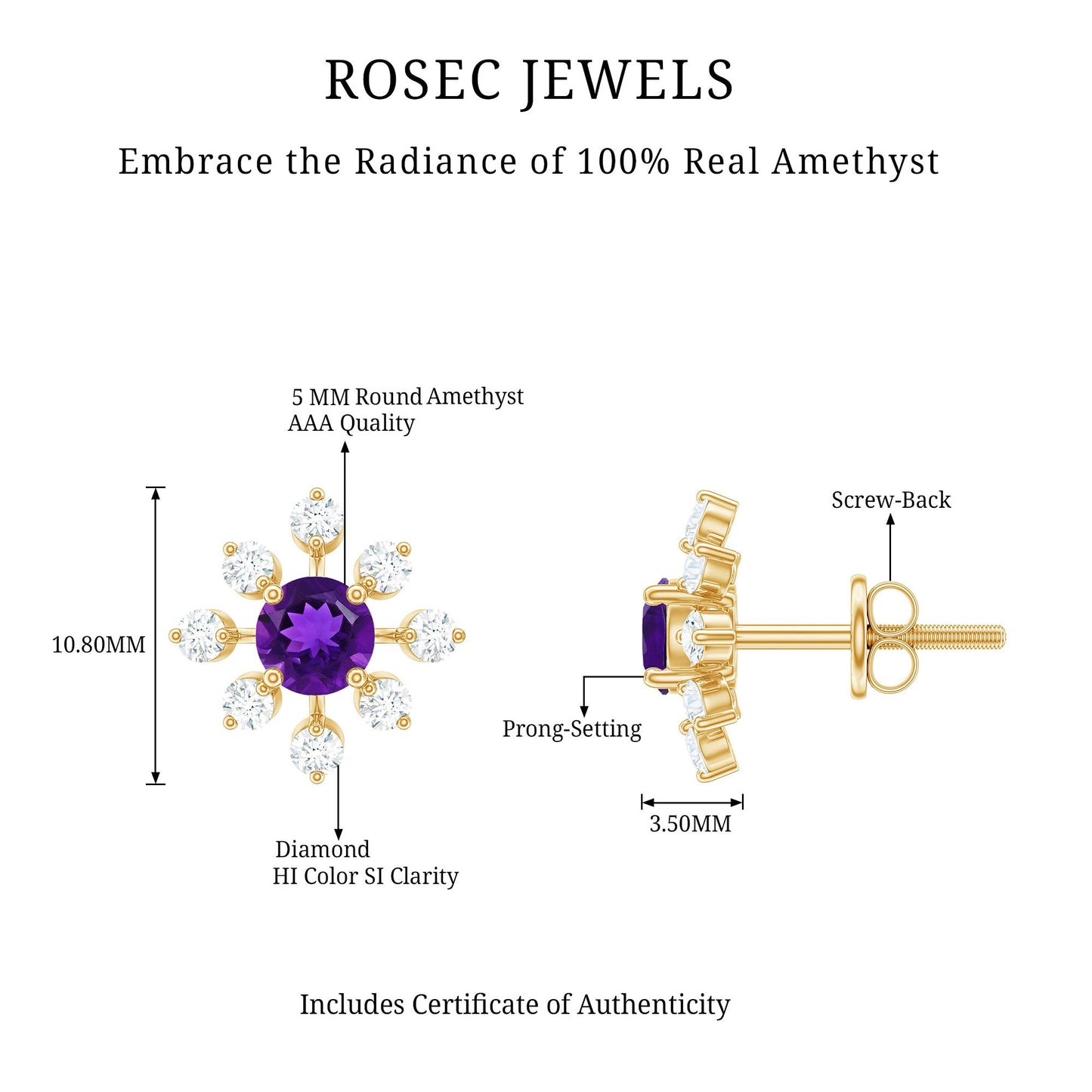 Natural Amethyst Diamond Snowflake Earrings with Screw Back