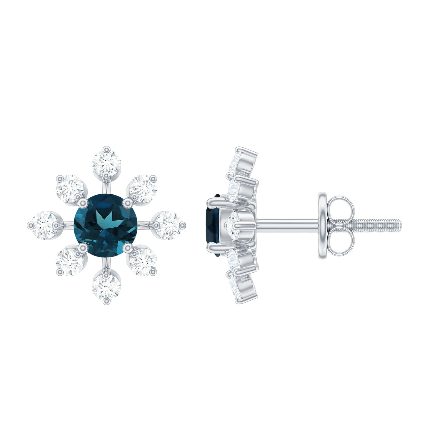 Genuine London Blue Topaz and Diamond Flower Stud Earrings
