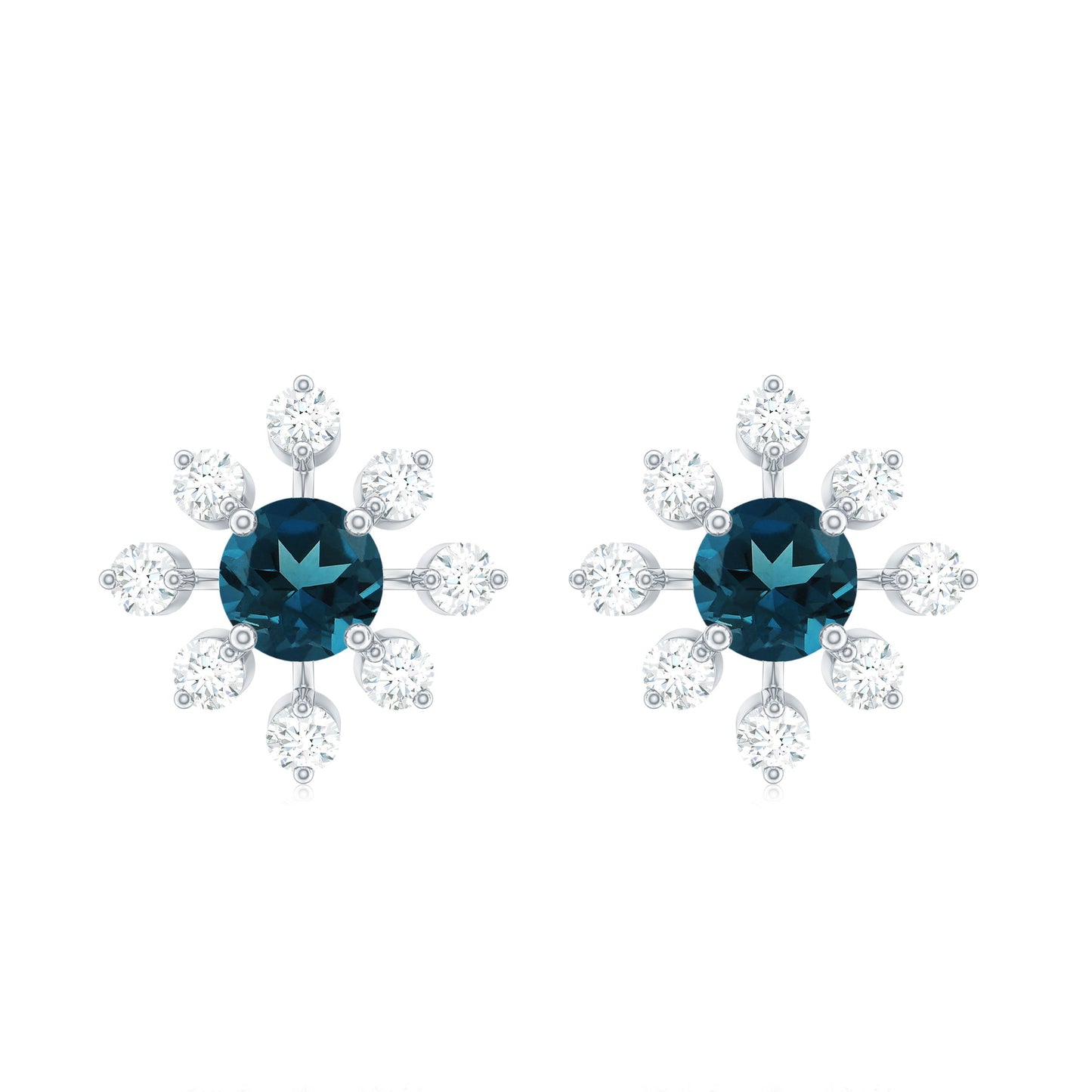Genuine London Blue Topaz and Diamond Flower Stud Earrings