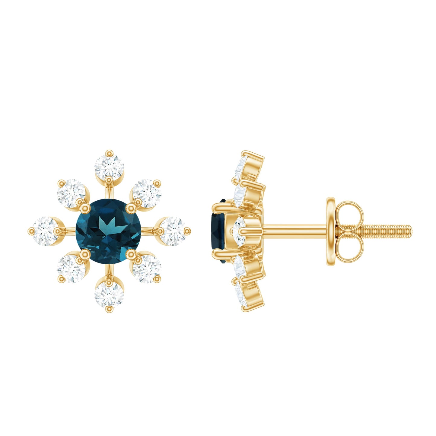 Genuine London Blue Topaz and Diamond Flower Stud Earrings