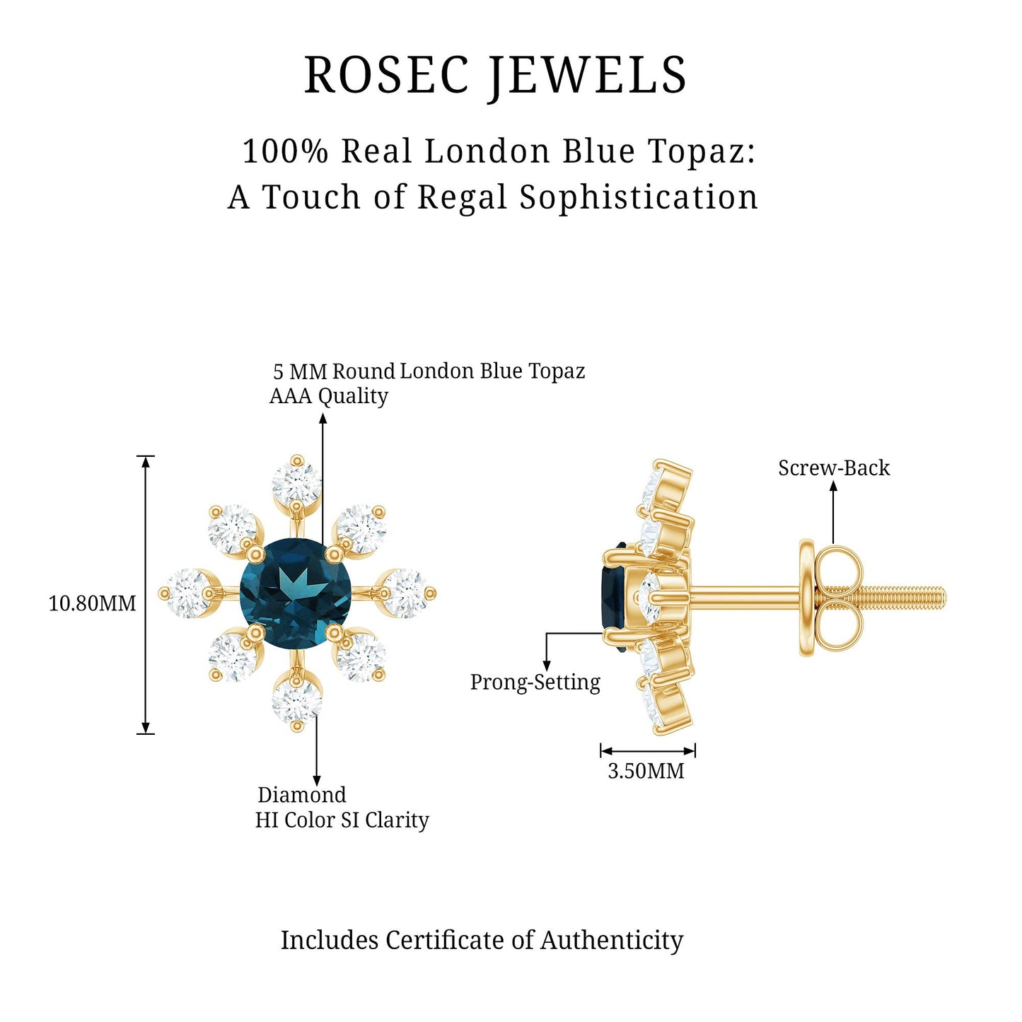 Genuine London Blue Topaz and Diamond Flower Stud Earrings