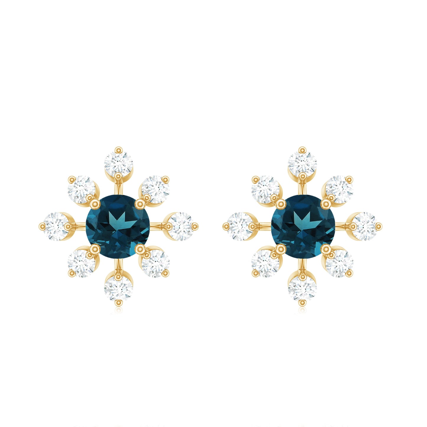 Genuine London Blue Topaz and Diamond Flower Stud Earrings