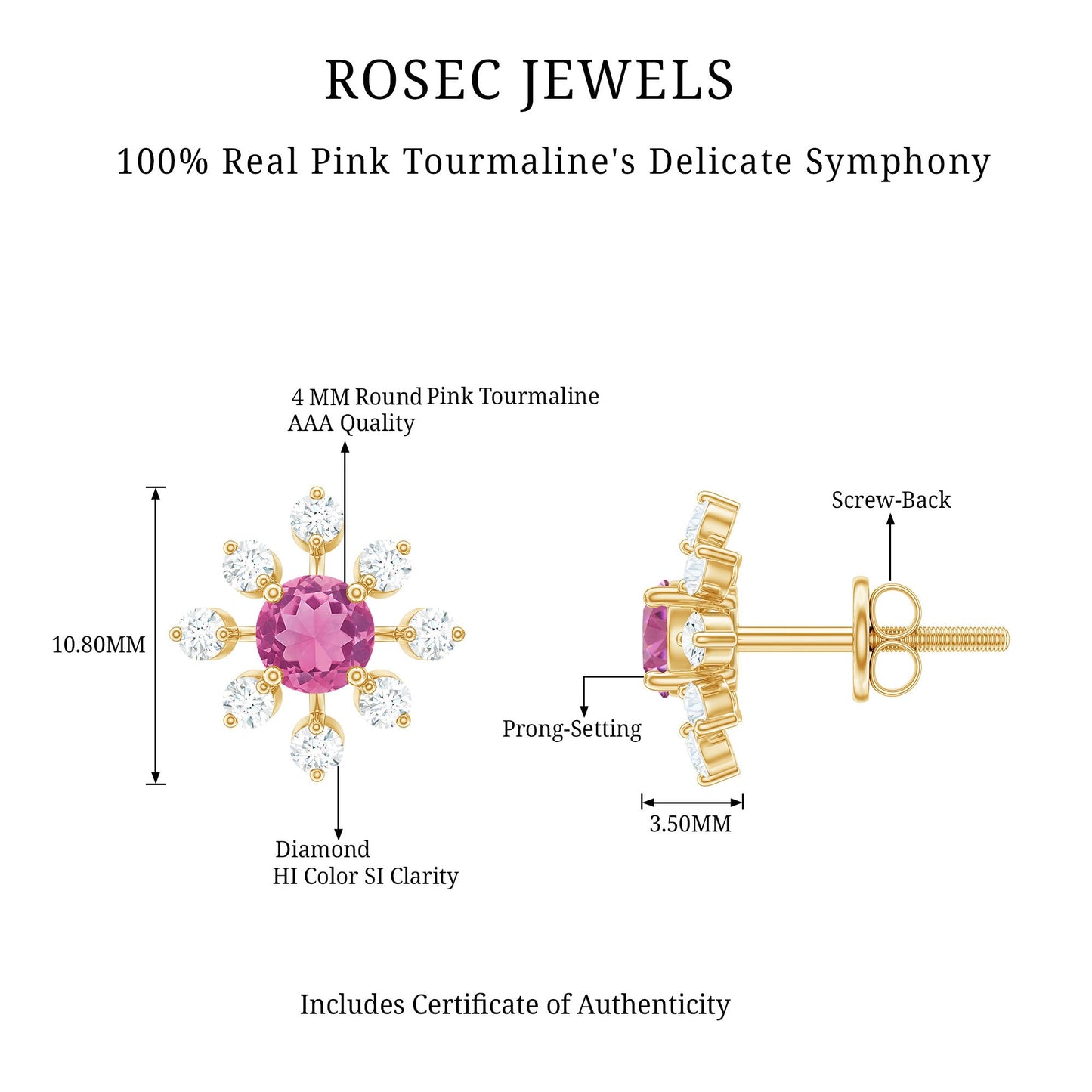 Natural Pink Tourmaline Flower Stud Earrings with Diamond