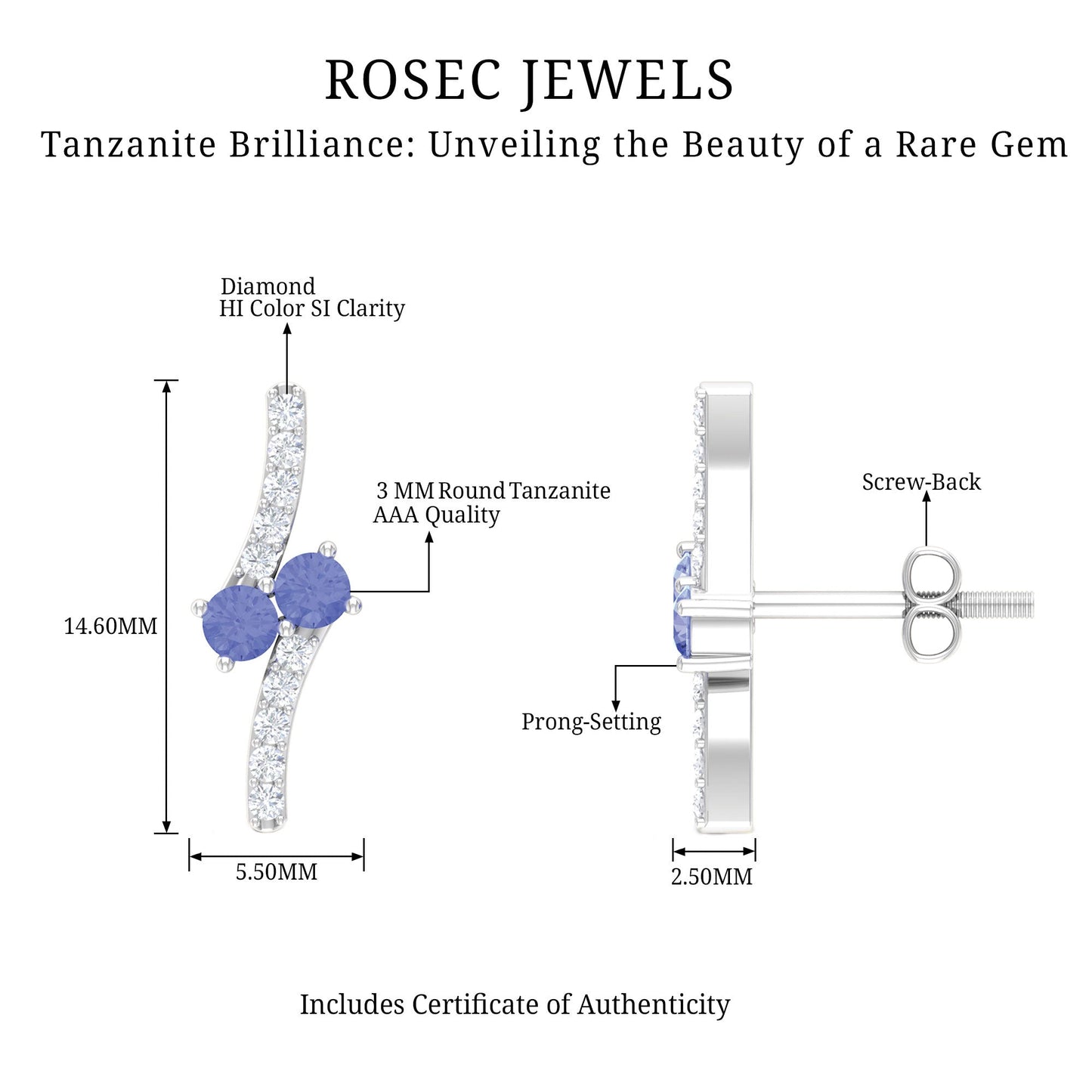 Real Tanzanite and Diamond Stud Earrings with Certificate