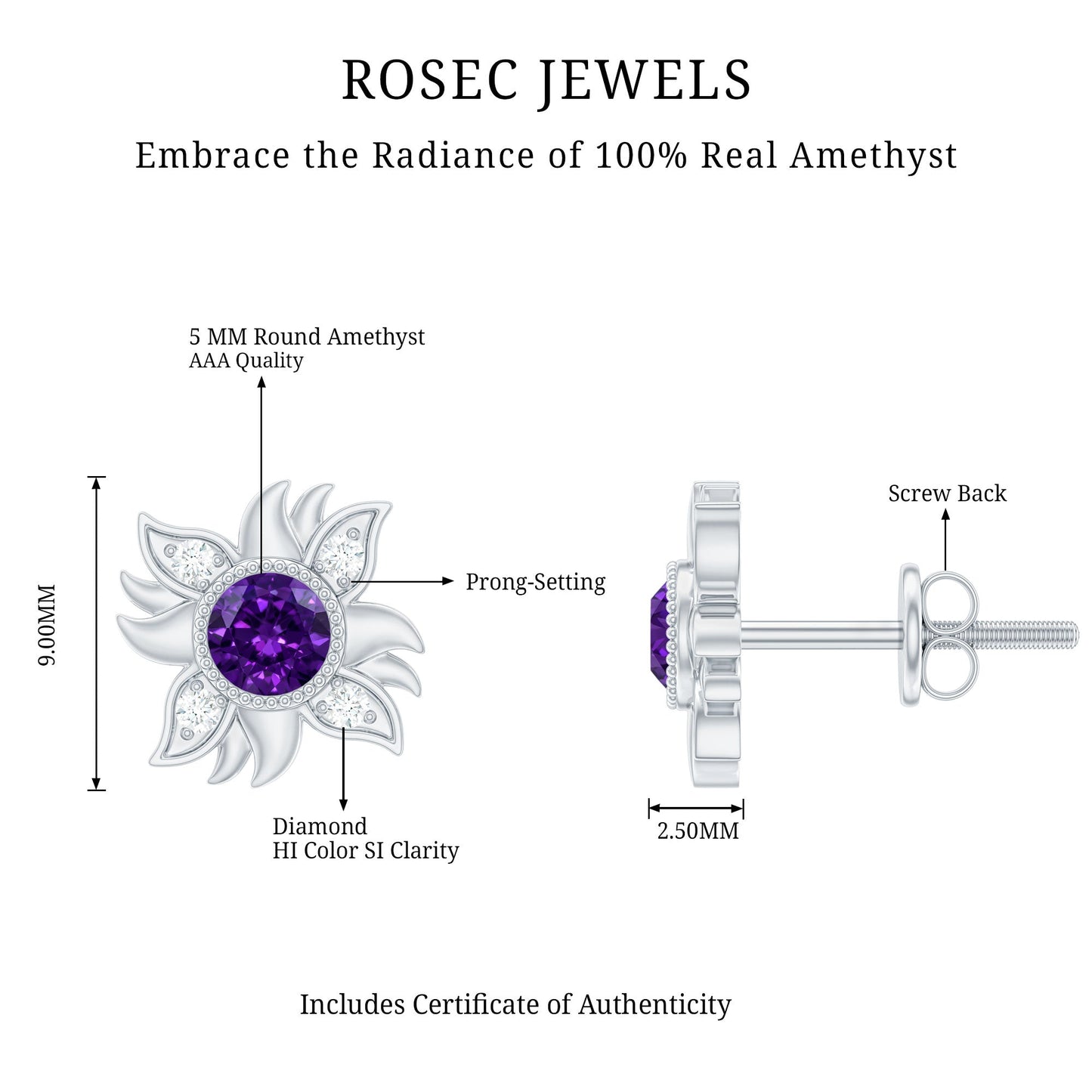 0.9 Carat Round Shape Amethyst and Diamond Sunburst Stud Earrings