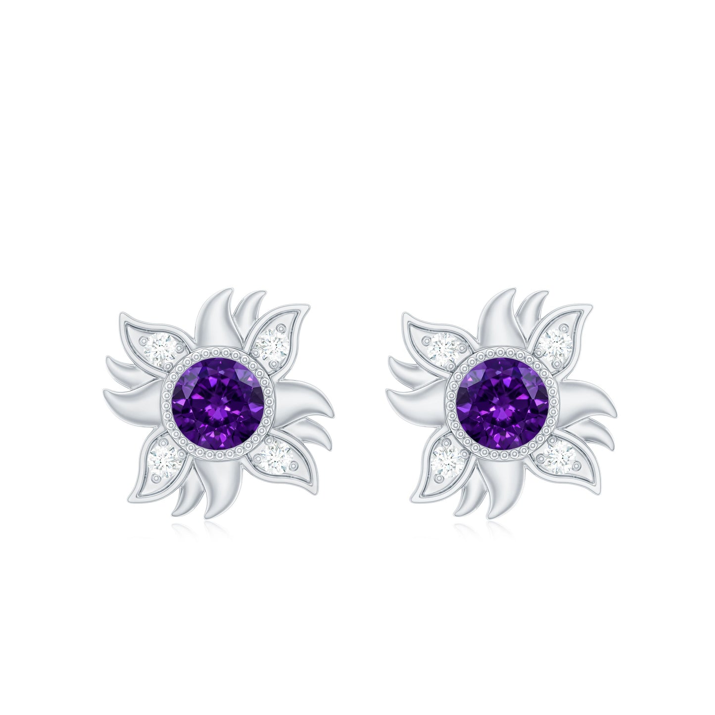 0.9 Carat Round Shape Amethyst and Diamond Sunburst Stud Earrings