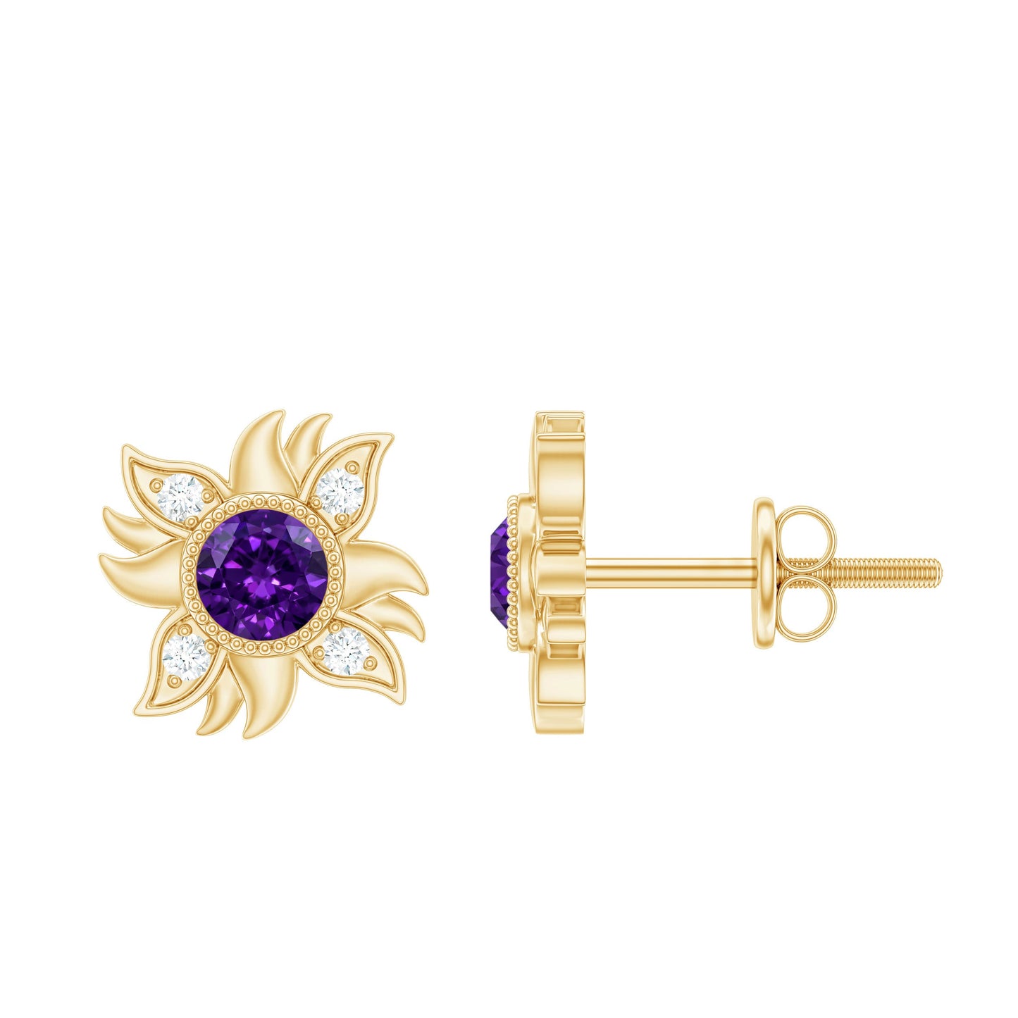 0.9 Carat Round Shape Amethyst and Diamond Sunburst Stud Earrings