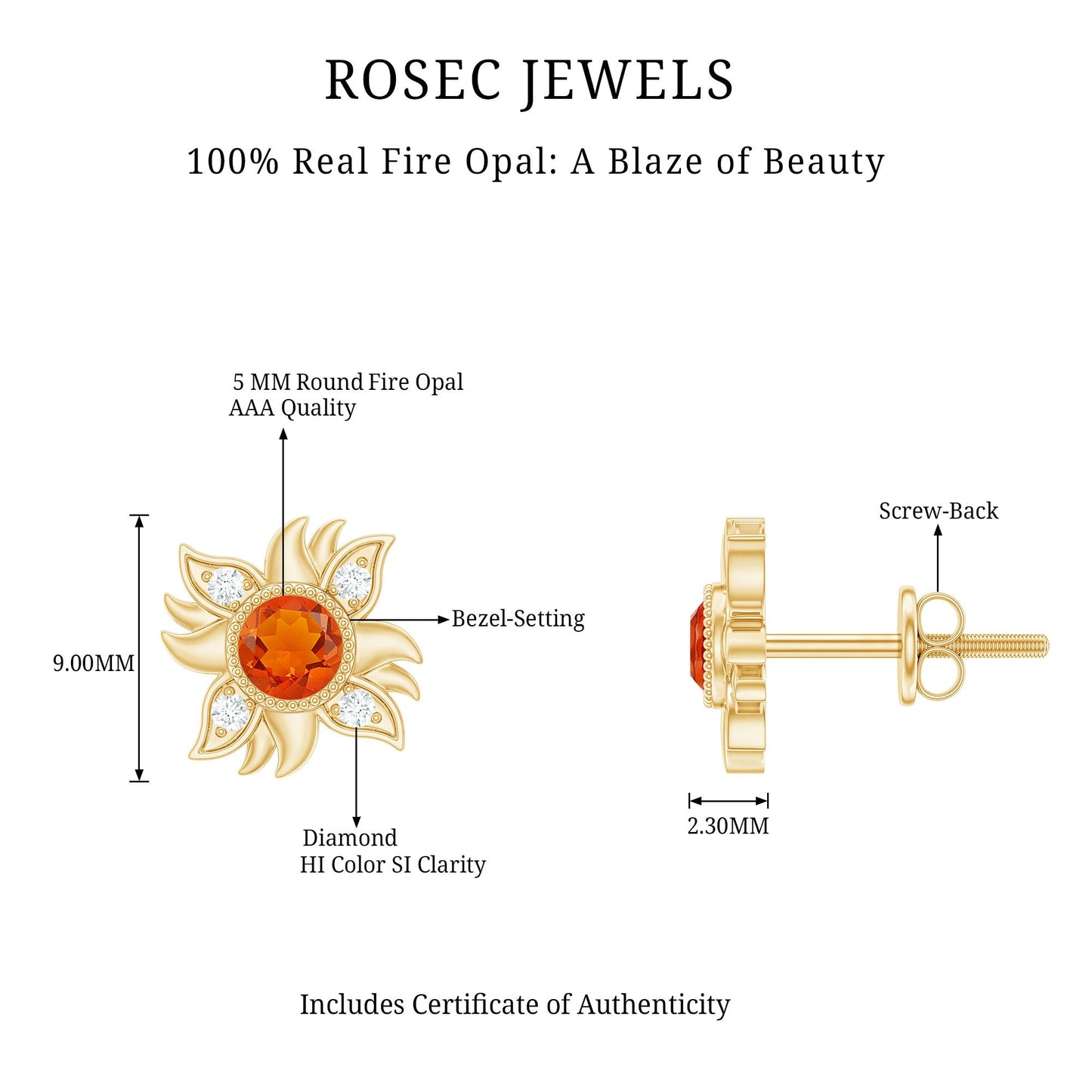 Genuine Fire Opal Sunburst Earrings with Diamond
