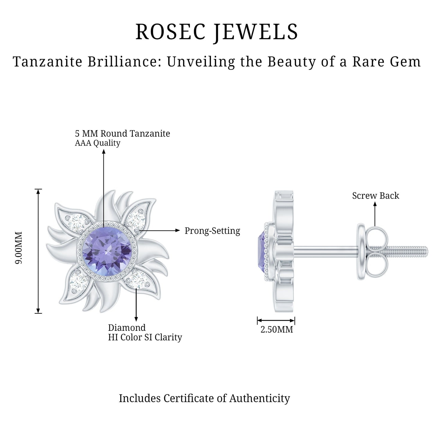 Round Shape Tanzanite and Diamond Sunburst Stud Earrings