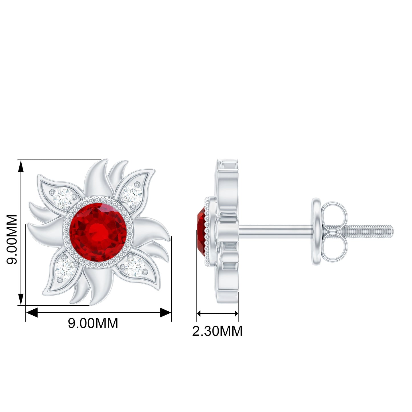 Bezel Set Lab Grown Ruby and Diamond Sunburst Stud Earrings