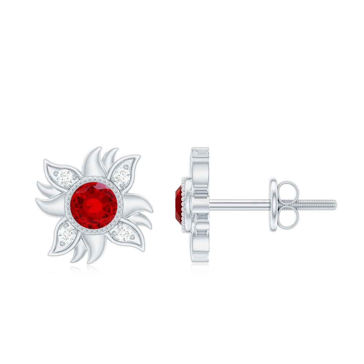 Bezel Set Lab Grown Ruby and Diamond Sunburst Stud Earrings