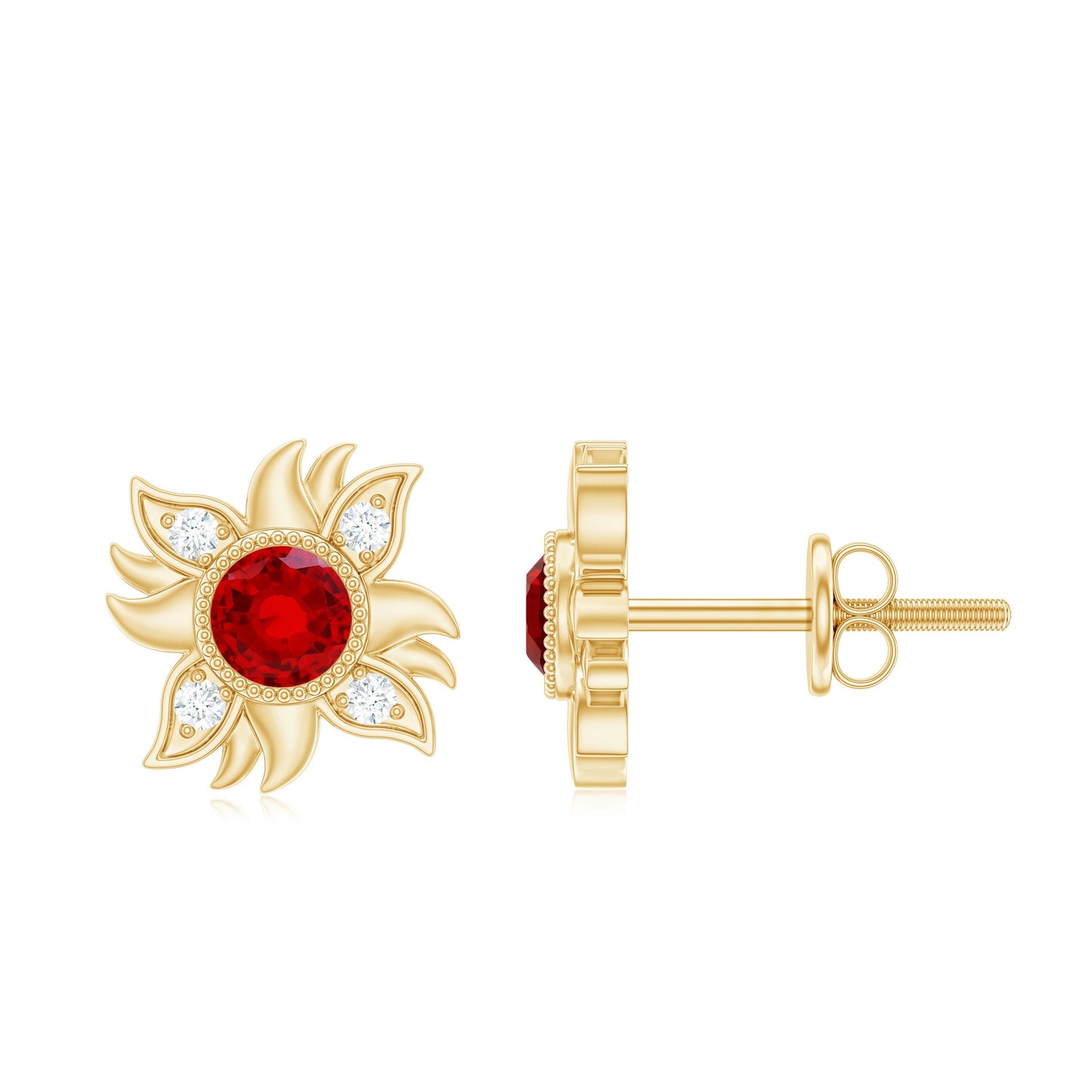 Bezel Set Lab Grown Ruby and Diamond Sunburst Stud Earrings