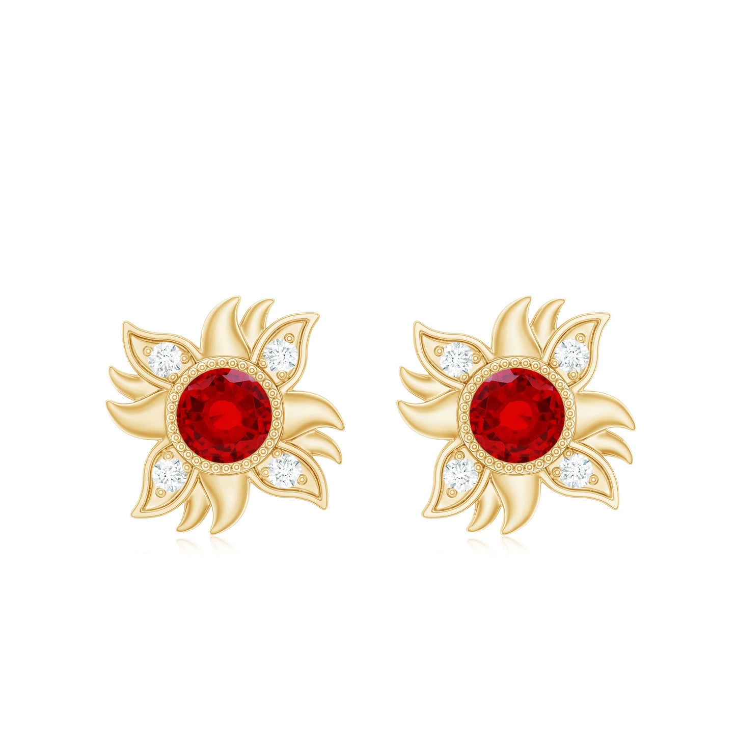 Bezel Set Lab Grown Ruby and Diamond Sunburst Stud Earrings